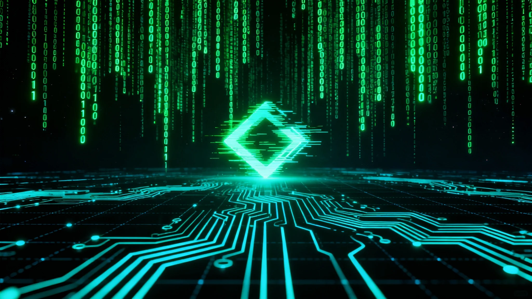 A dark, high-tech hacker wallpaper featuring cascading green binary code, glowing cyan circuit board patterns, and a central abstract, glitchy neon shape.