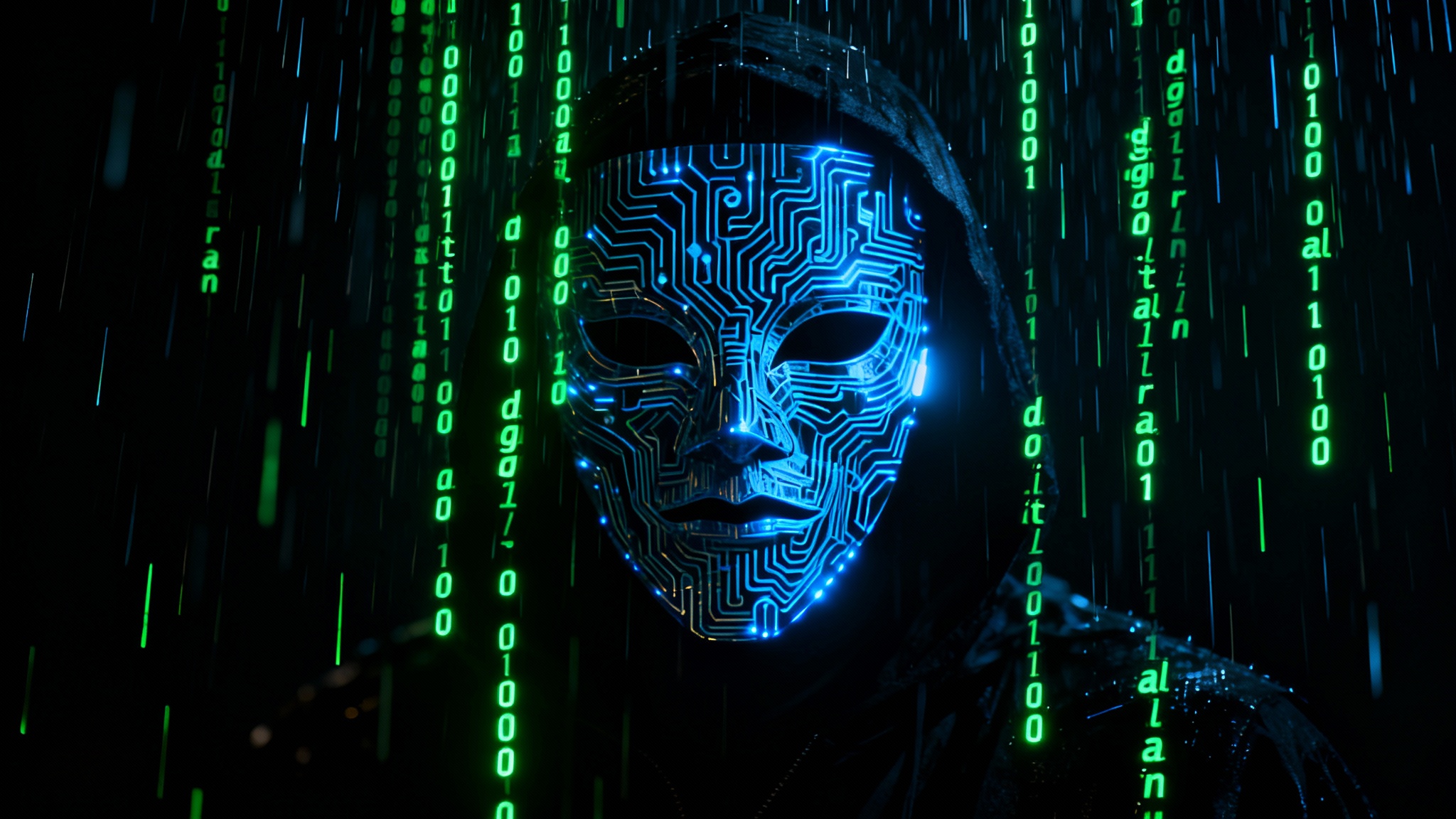 A dark hacker-themed wallpaper featuring streams of neon green binary code raining down and a stylized anonymous mask made of glowing blue circuitry in the center.