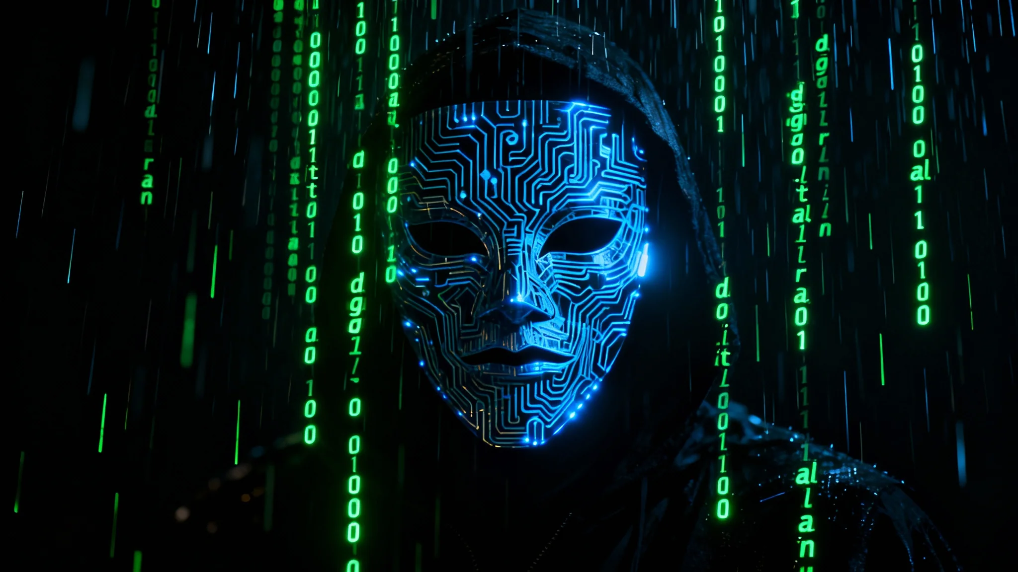A dark hacker-themed wallpaper featuring streams of neon green binary code raining down and a stylized anonymous mask made of glowing blue circuitry in the center.