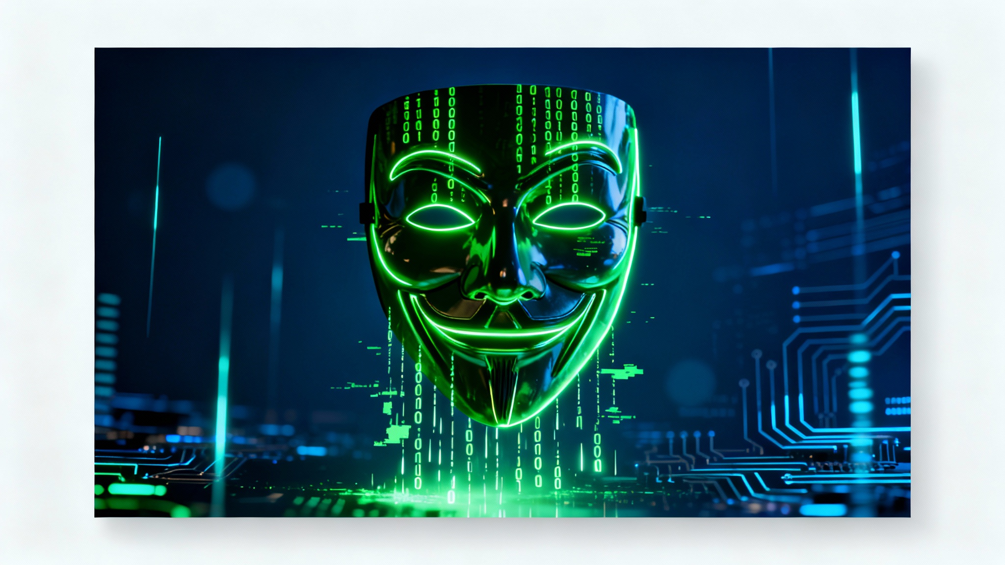 A hacker-themed wallpaper mockup featuring a glowing neon green anonymous mask with cascading binary code on a dark blue background with circuit patterns, all displayed on a solid white background.