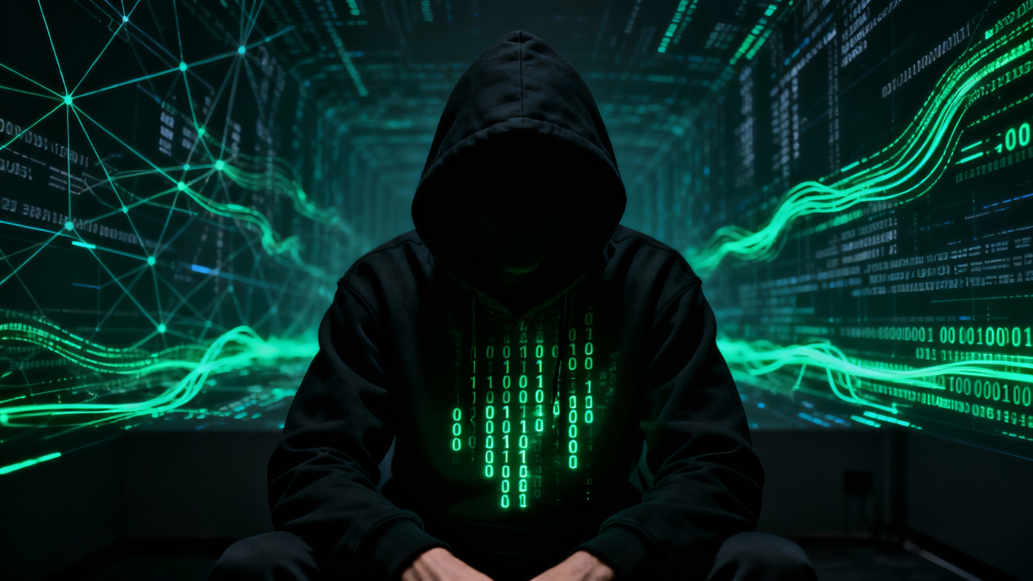 A dark wallpaper featuring an anonymous hacker in a hoodie, illuminated by glowing green code streams in a high-tech digital environment.
