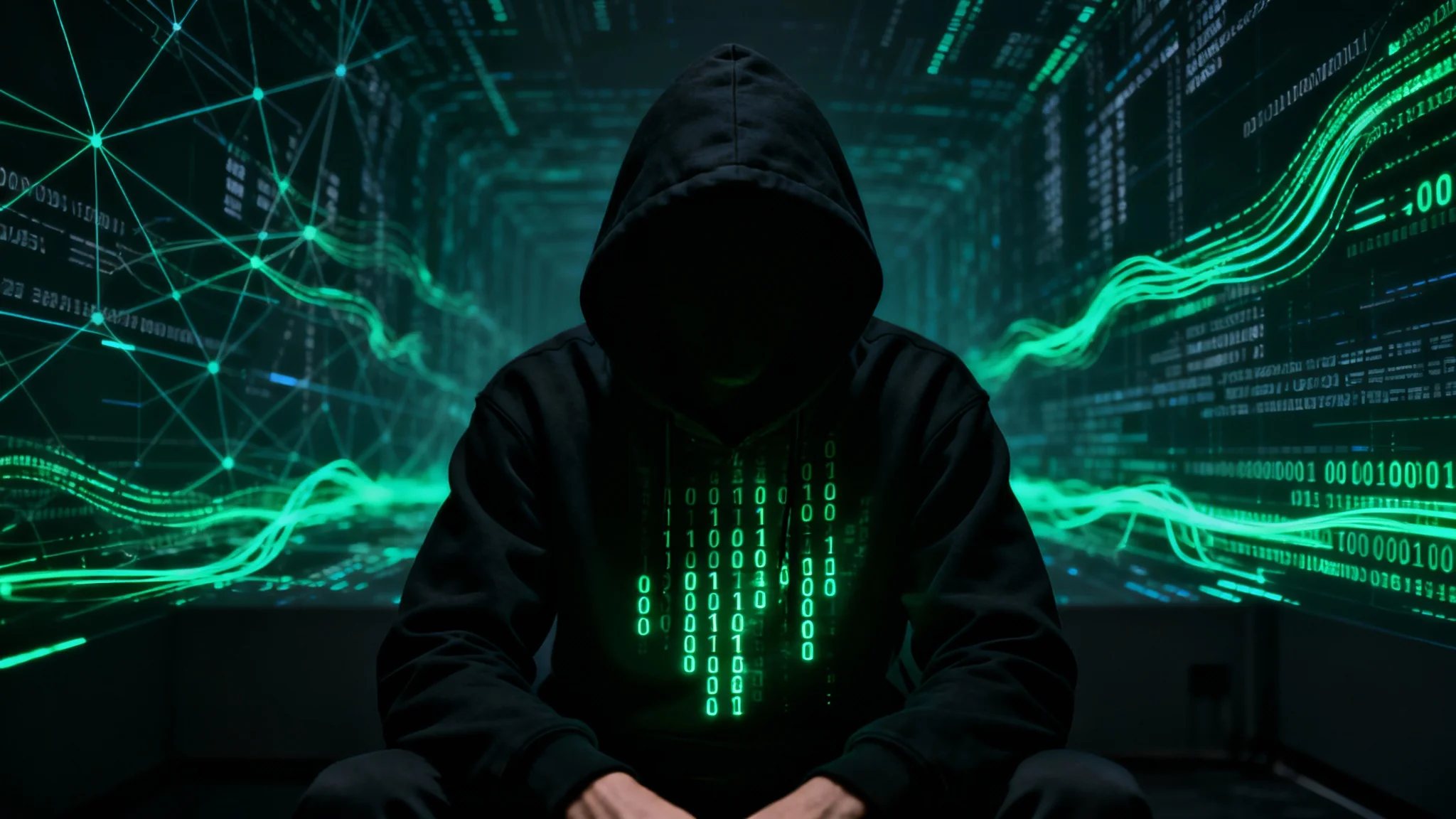 A dark wallpaper featuring an anonymous hacker in a hoodie, illuminated by glowing green code streams in a high-tech digital environment.