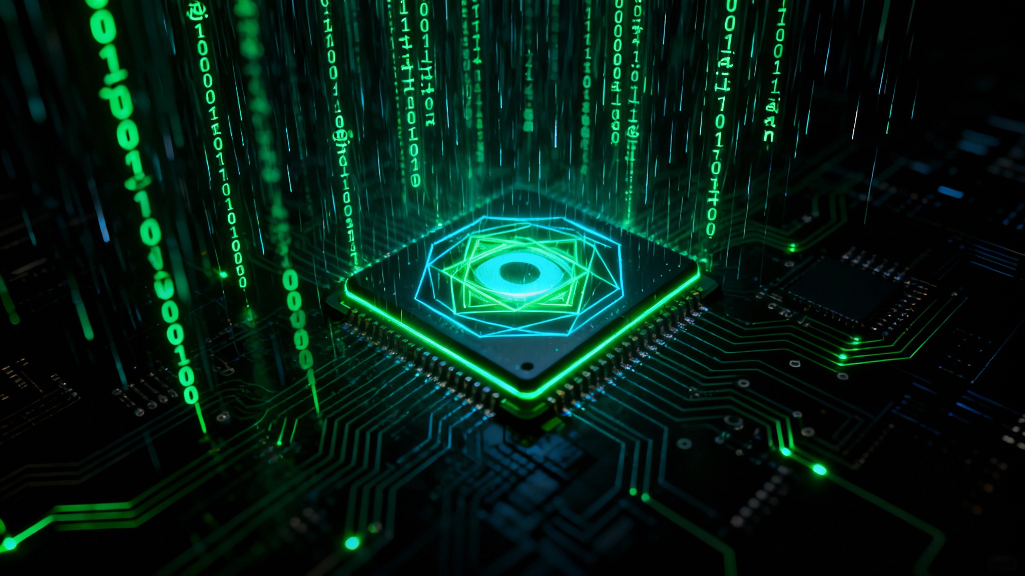 A dark, high-tech hacker wallpaper featuring glowing green binary code raining down and a complex, futuristic geometric shape pulsing with cyan light at the center, set against a background with faint circuit board patterns.