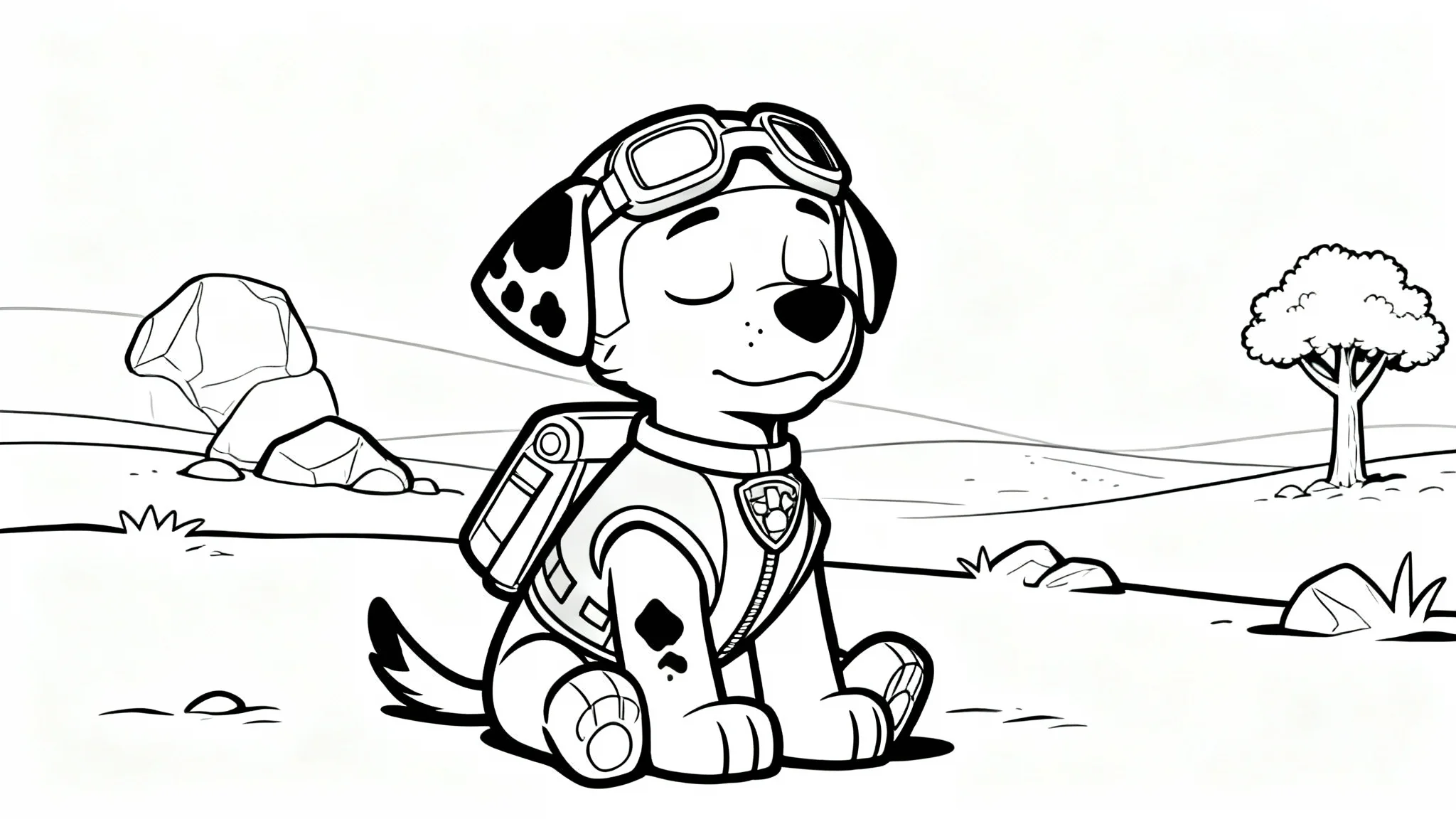 A finished black and white coloring page showing the character Rubble from PAW Patrol looking sleepy in a desert, ready to be colored in.
