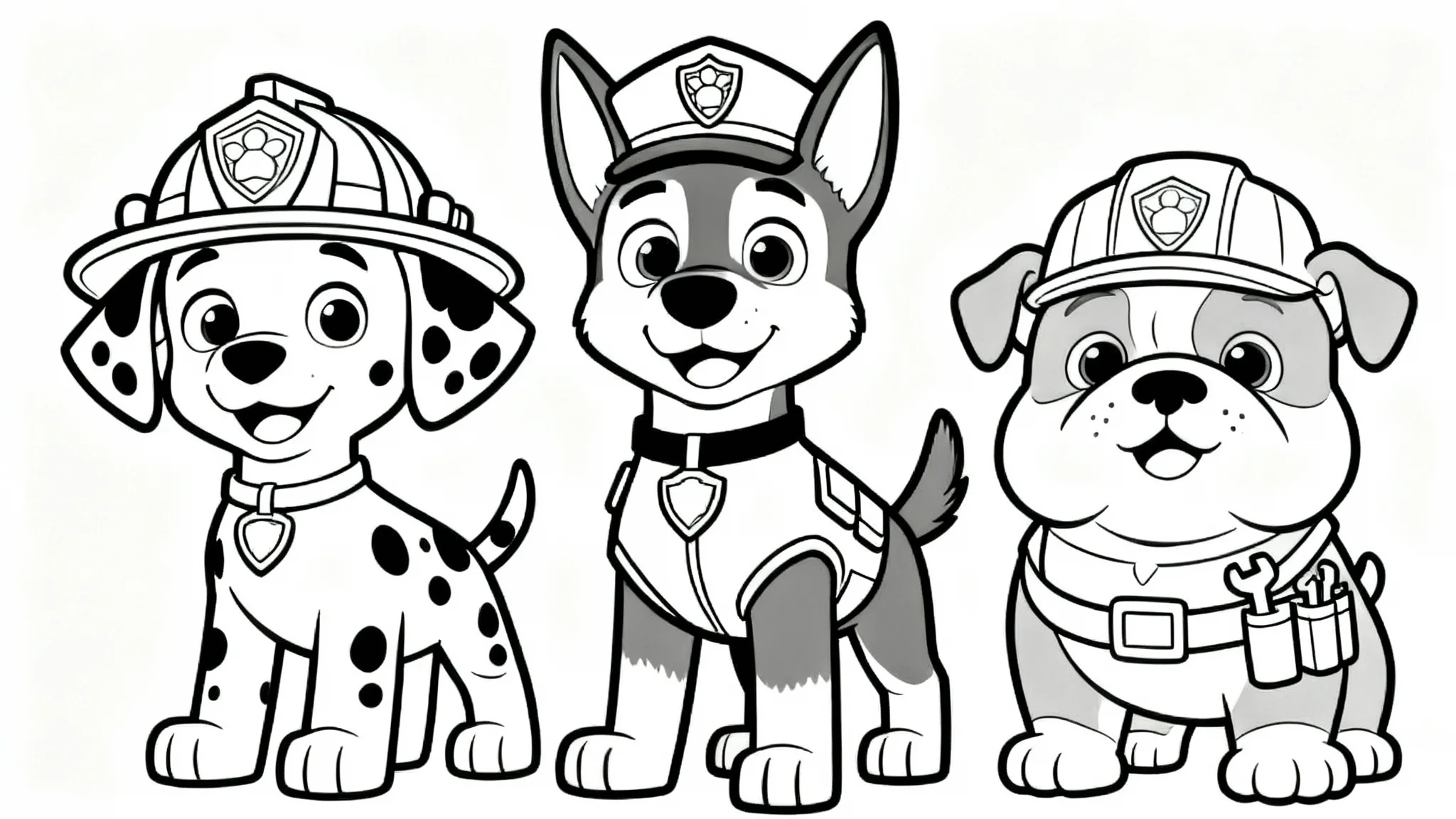 A black and white line art coloring page for children, featuring a team of three heroic cartoon puppies dressed as a police officer, a firefighter, and a construction worker.