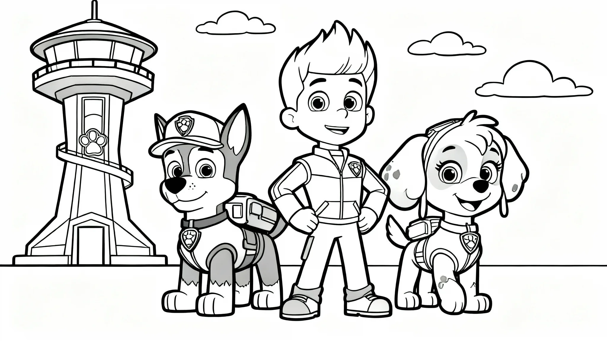 A black and white Paw Patrol coloring page mockup featuring the characters Chase, Marshall, and Skye drawn with bold outlines, set against a simple background of the Lookout Tower.