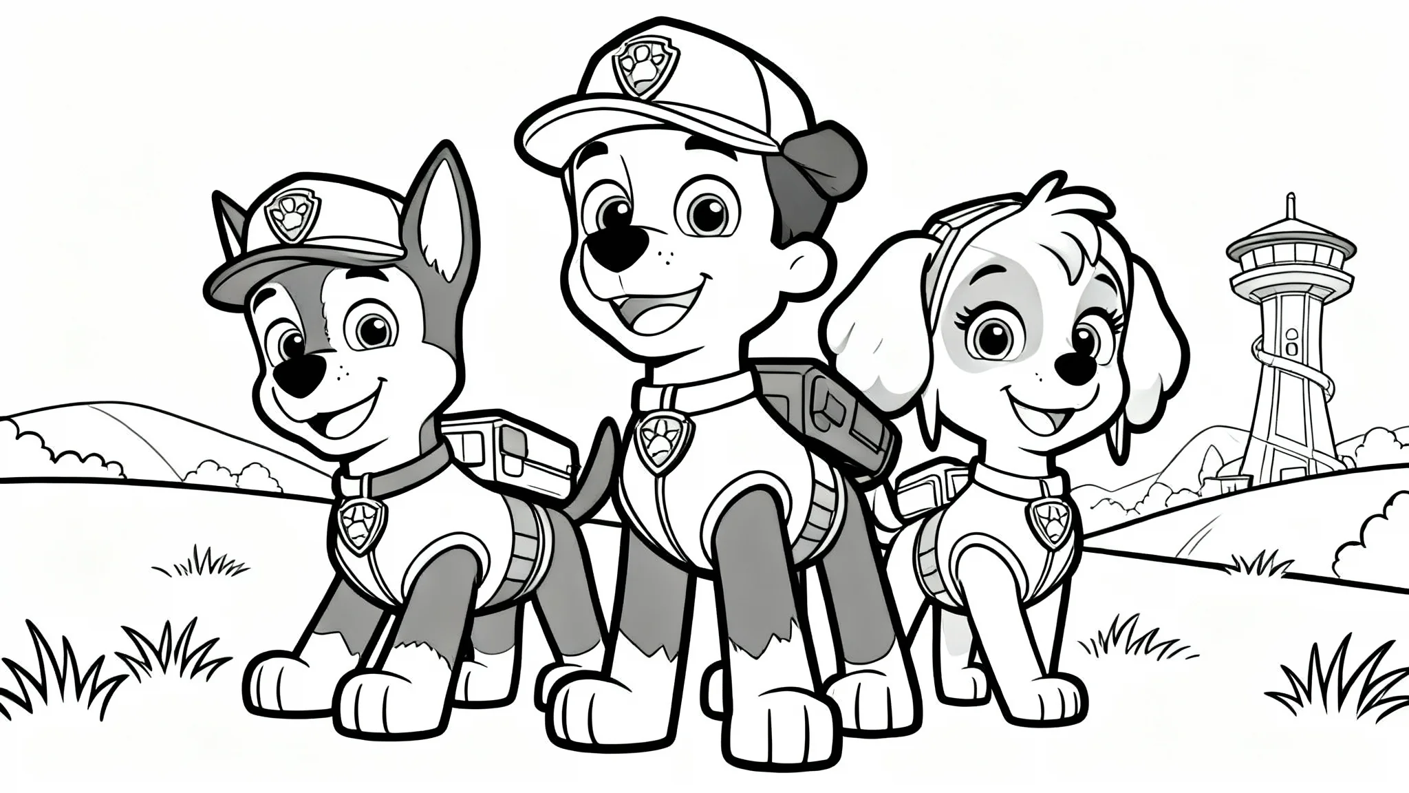 A black and white line art coloring page for kids, showing Paw Patrol characters Chase, Marshall, and Skye posing happily. The image is a clean drawing with thick outlines, ready to be colored.