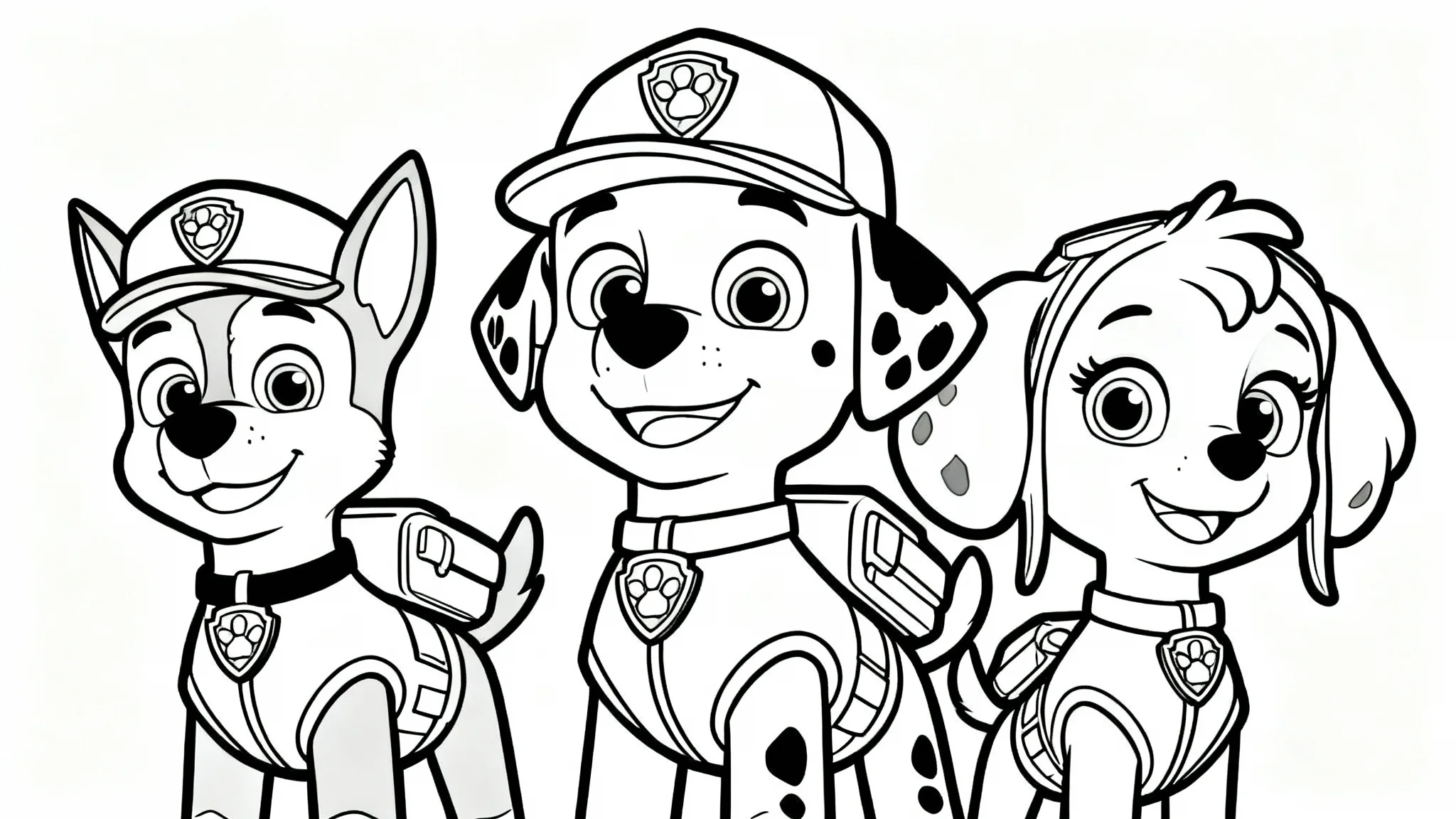 A black and white line art coloring page of Paw Patrol characters Chase, Marshall, and Skye, designed for children to color.