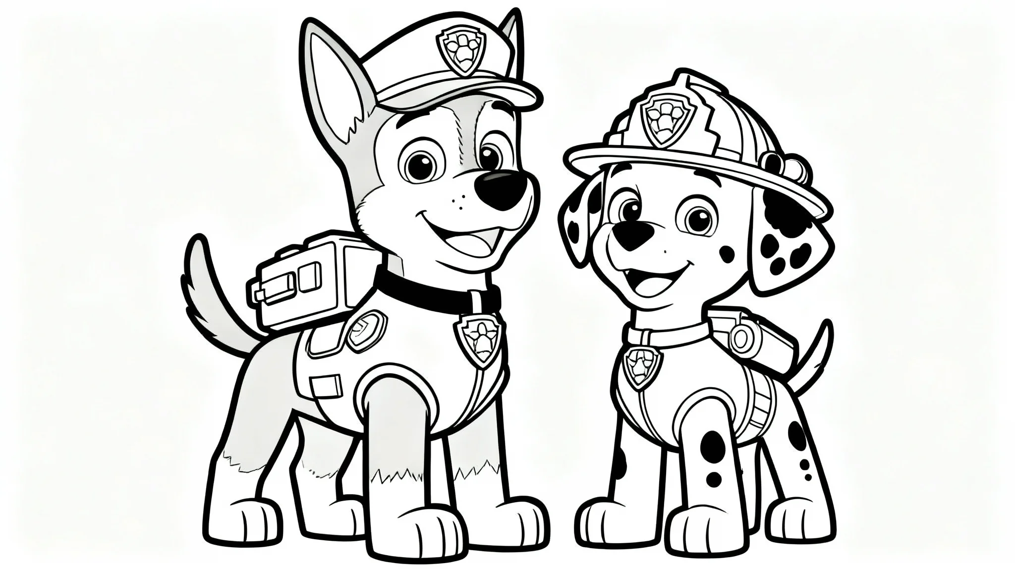 A black and white line art coloring page for kids, featuring Chase and Marshall from Paw Patrol with bold outlines on a plain white background, ready to be colored.