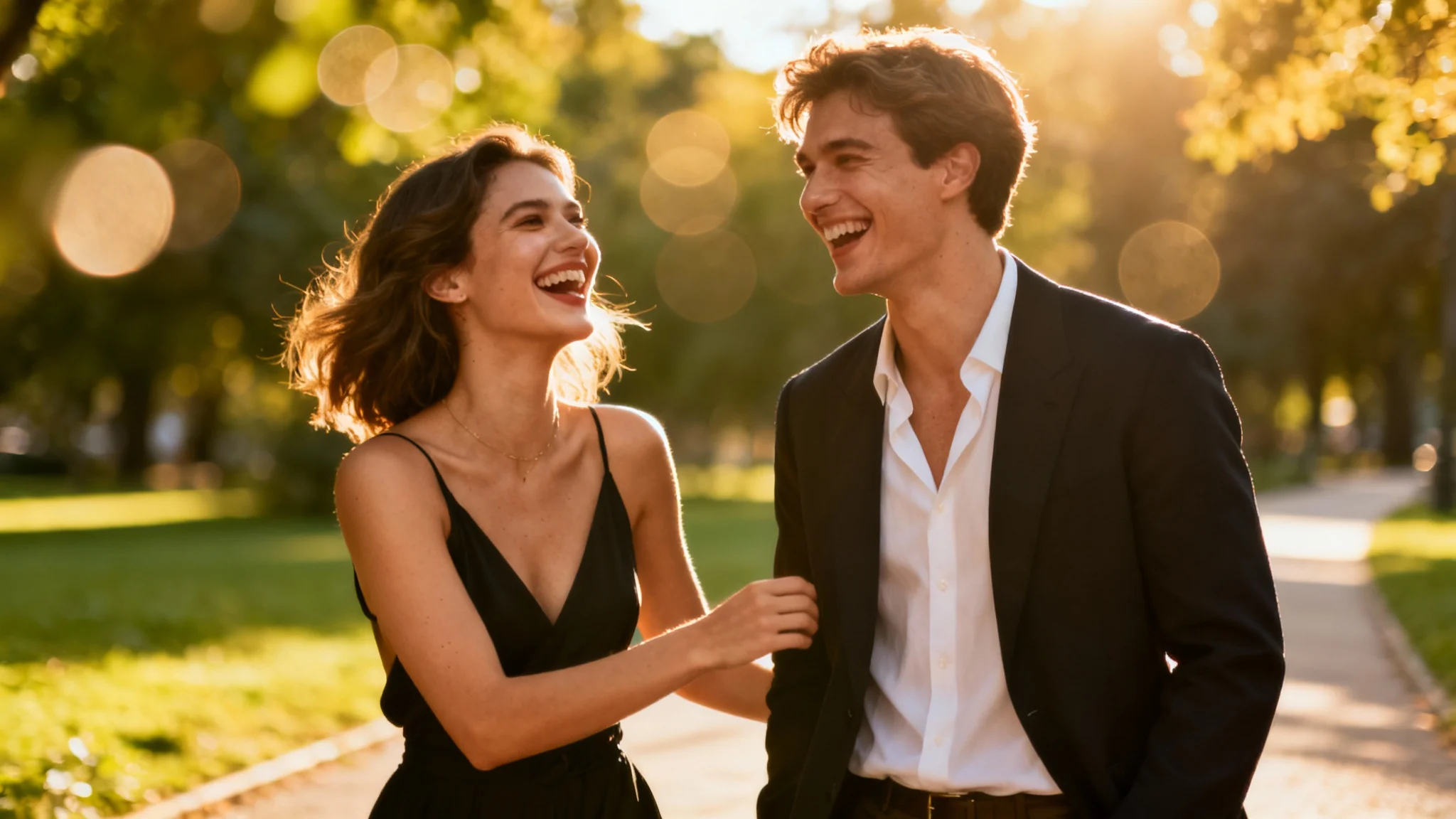 A professionally edited, high-quality photo of a happy young couple laughing in a park, demonstrating the final result of a couple photo editor.
