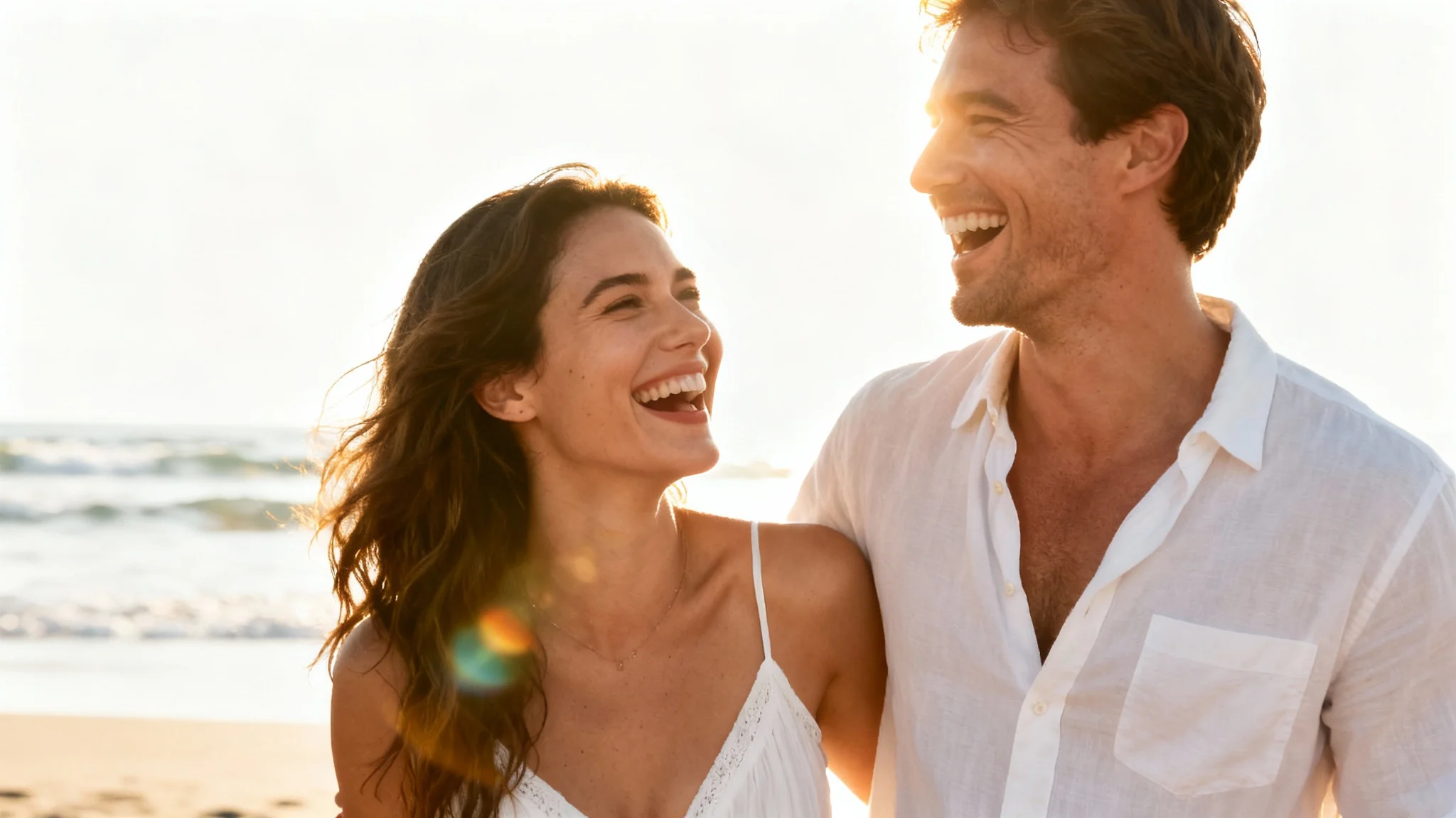 A beautifully edited photo of a happy couple laughing together on a beach at sunset, showcasing the result of a high-quality photo editor.