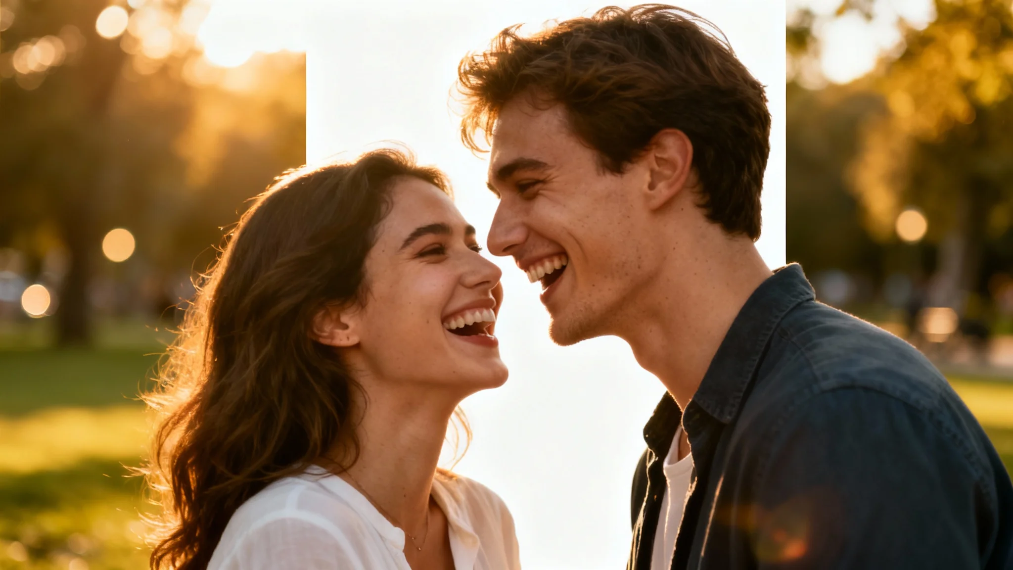 A professionally edited photo of a joyful young couple laughing together, bathed in warm golden hour light, presented as a mockup on a white background.