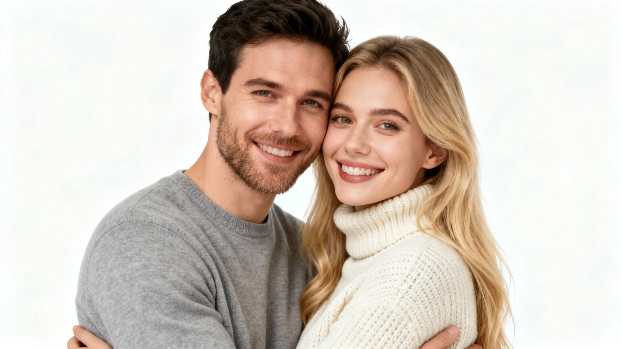 A professionally edited, studio-quality photo of a happy couple embracing and smiling against a stark white background, showcasing the result of a couple photo editor.