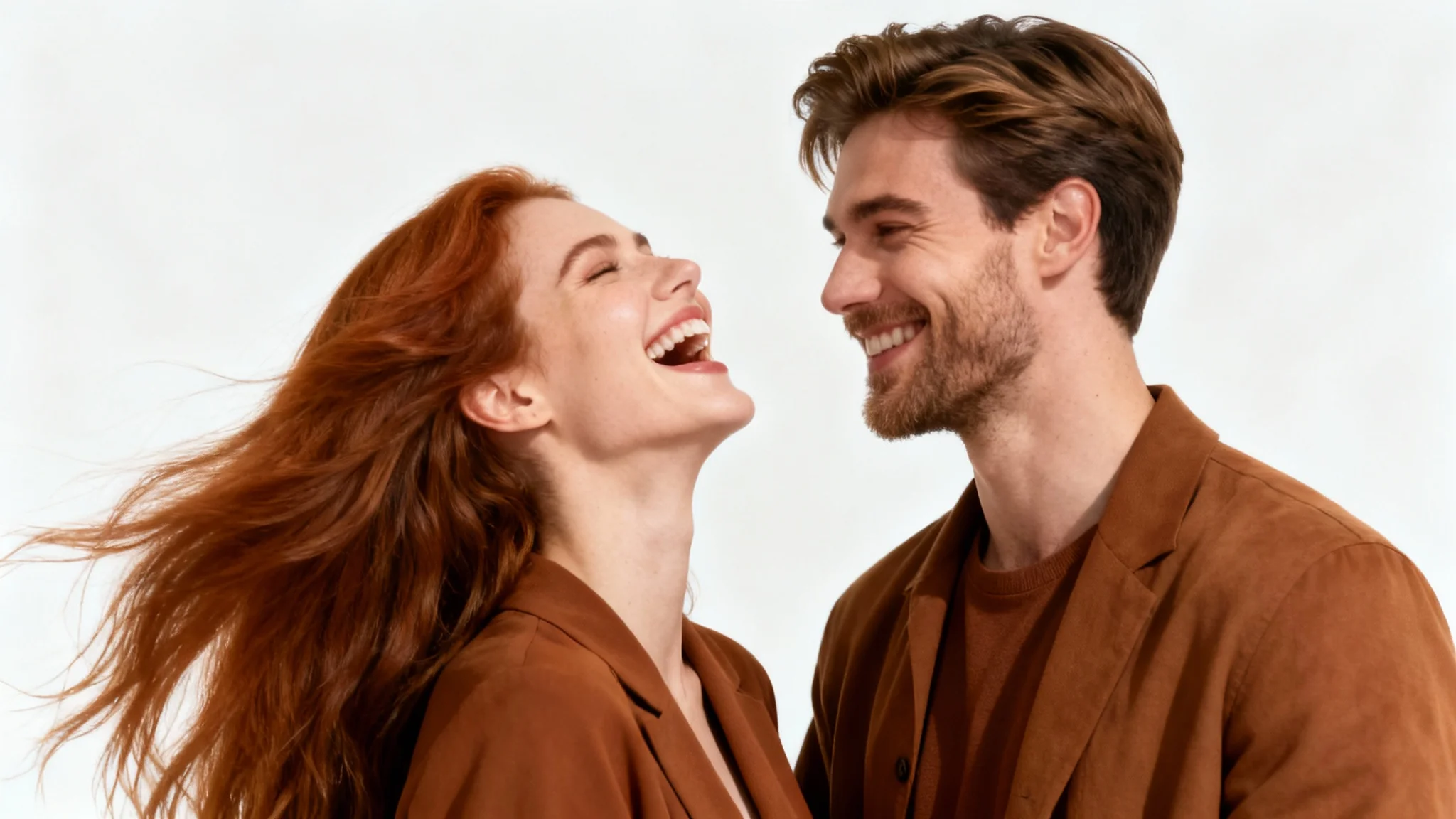 A professionally edited photo of a happy young couple laughing together, set against a pristine white background to showcase the quality of a couple photo editor.