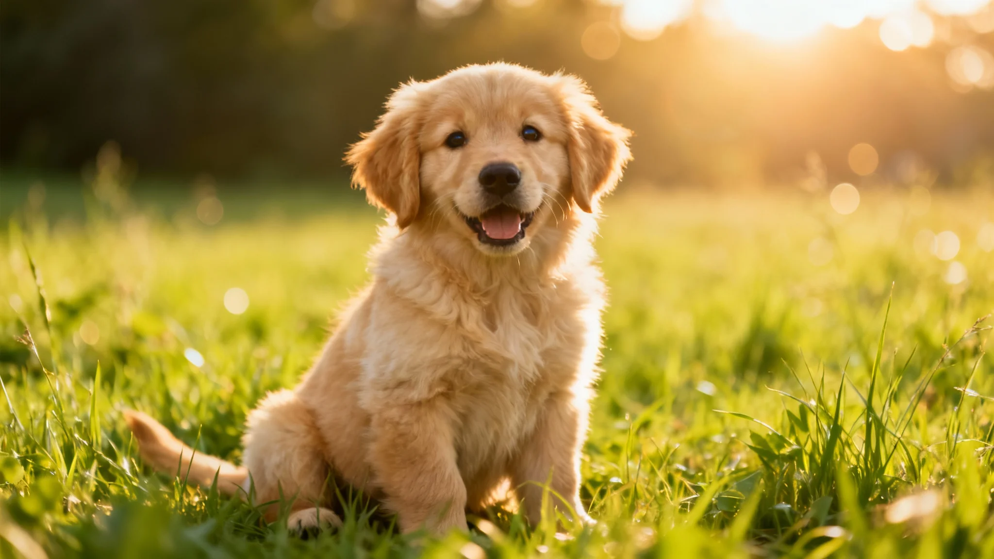 An eye-catching, professional photograph of a cute golden retriever puppy sitting in a sunny green field, looking directly into the camera.