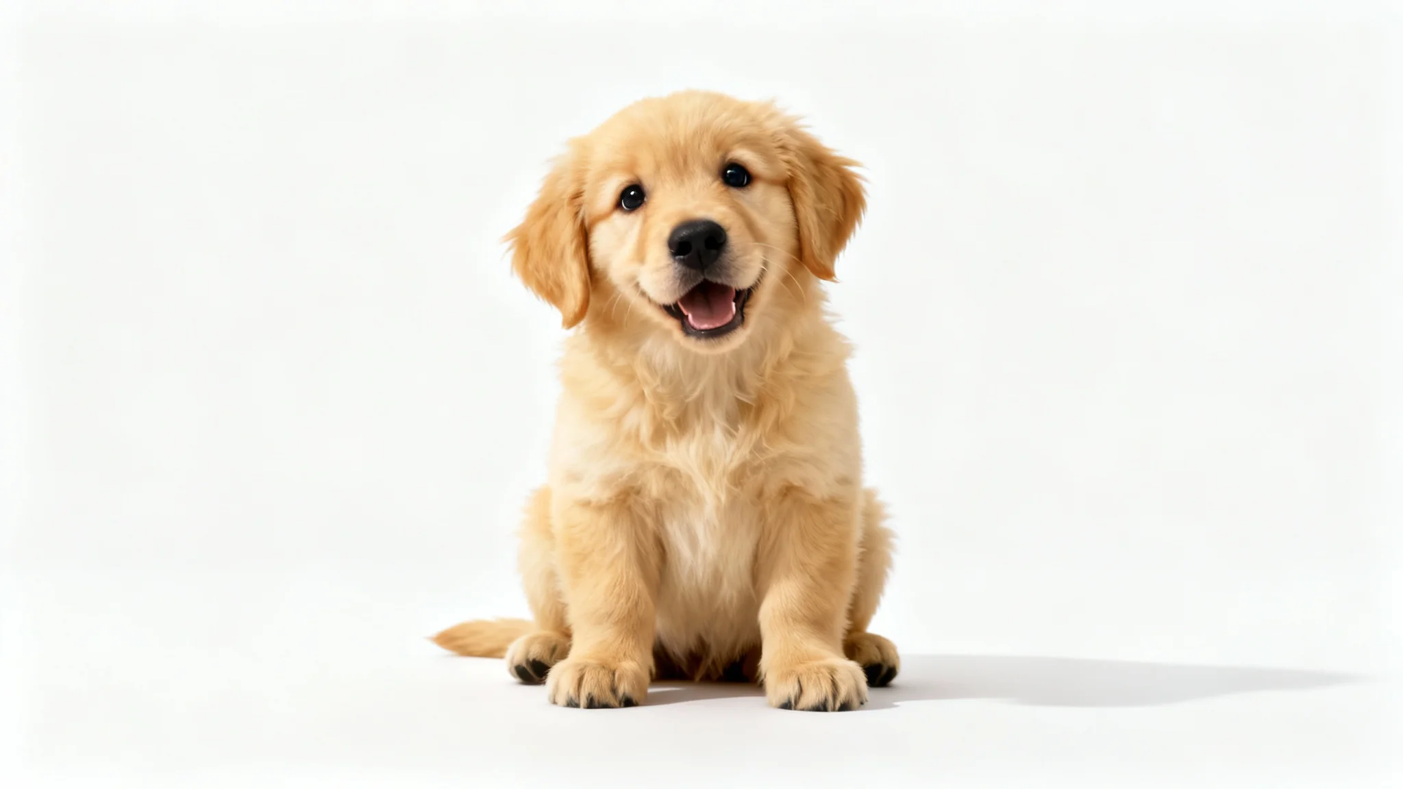 A photorealistic image of a fluffy Golden Retriever puppy sitting on a solid white background, tilting its head curiously at the camera.
