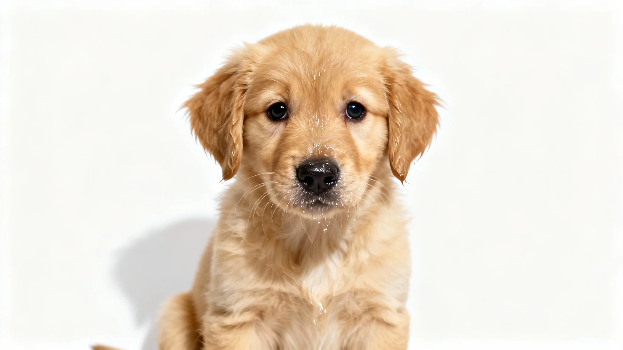 A photorealistic shot of a fluffy golden retriever puppy sitting on a plain white background, looking at the camera with a cute head tilt.