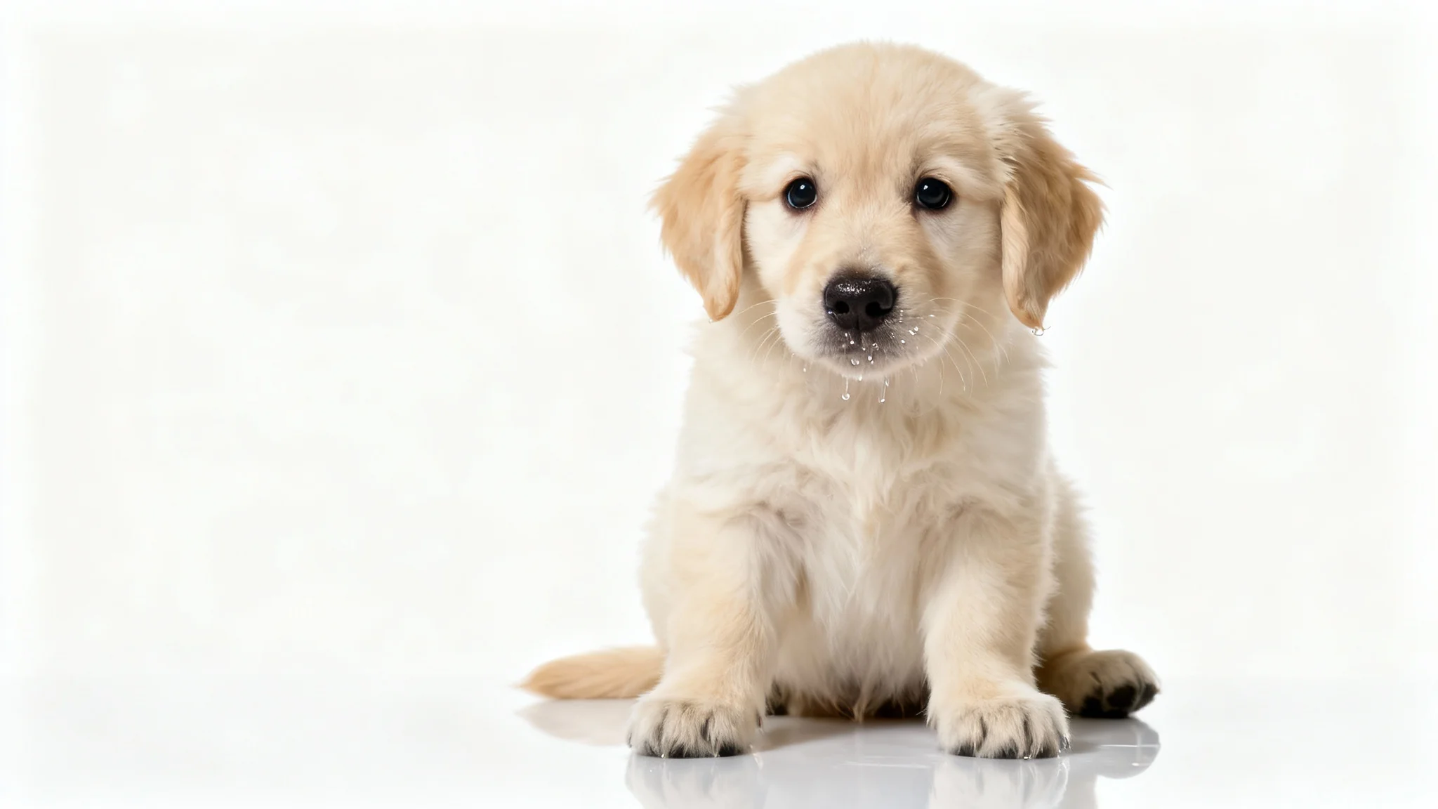 A photorealistic studio shot of a cute golden retriever puppy sitting on a white surface against a solid white background, looking at the camera with a curious expression.