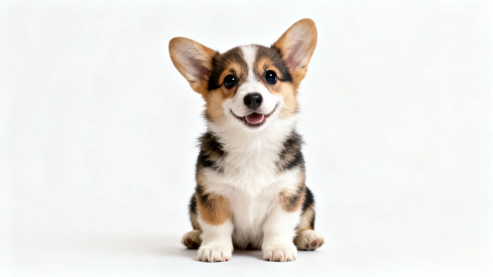 A cute, fluffy Corgi puppy sitting on a solid white background, looking at the camera with a curious head tilt.