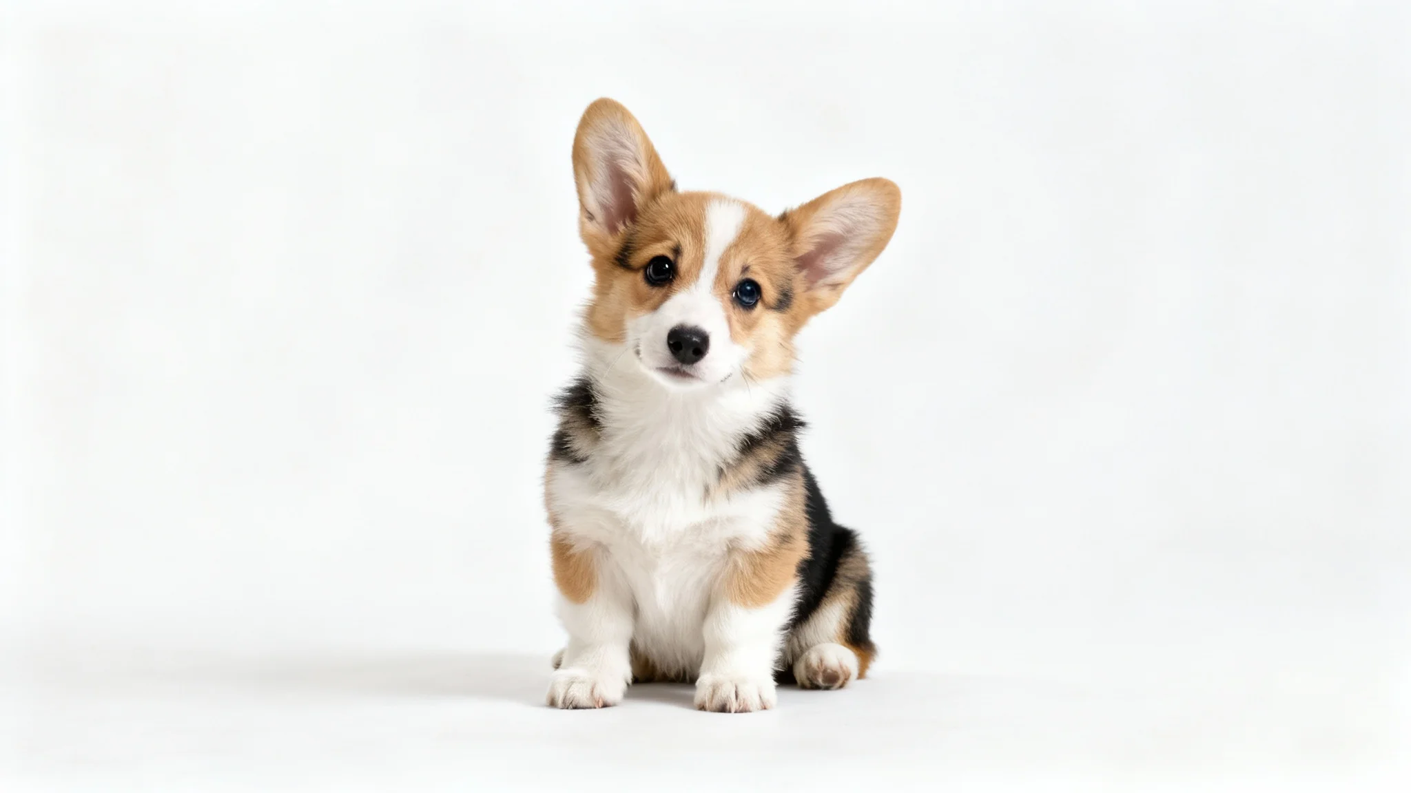 A cute, fluffy Corgi puppy sitting on a clean white background, looking directly at the camera with its head tilted.