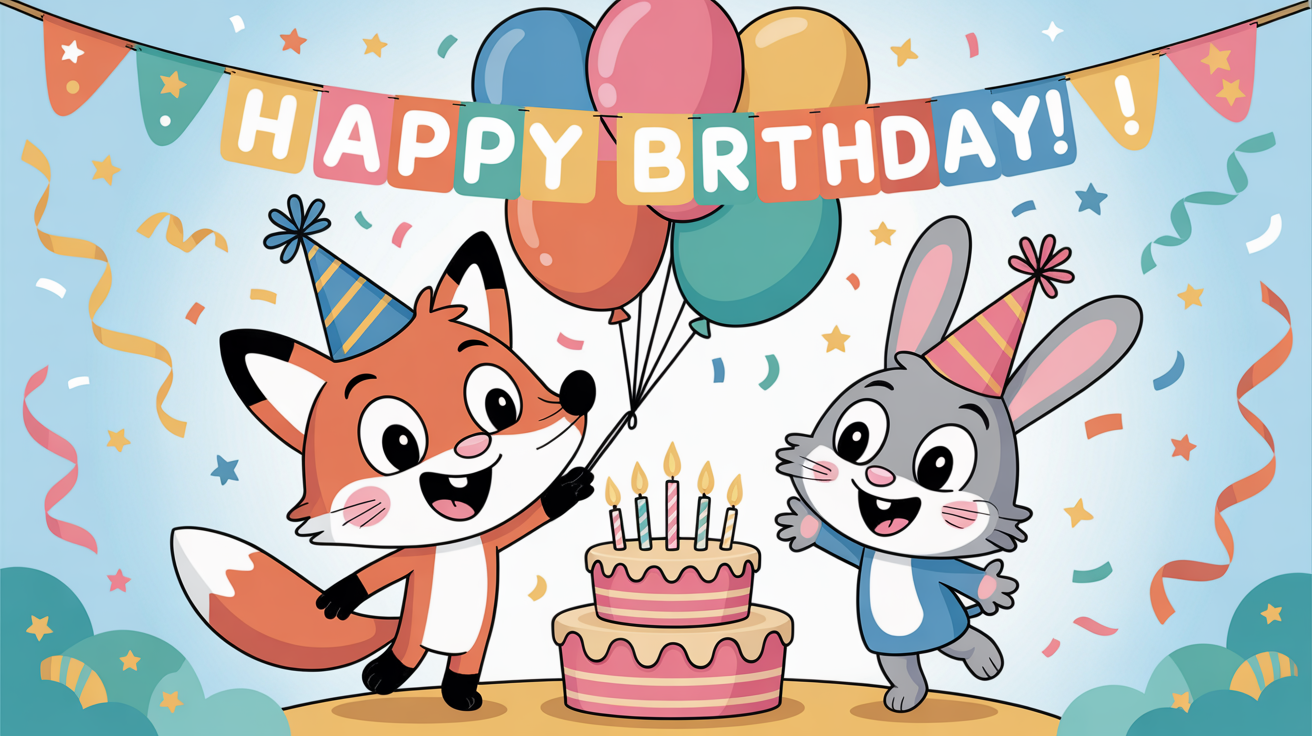 A finished animated birthday card showing a cute fox and rabbit celebrating with a cake, balloons, and confetti, with the text 'Happy Birthday!'.