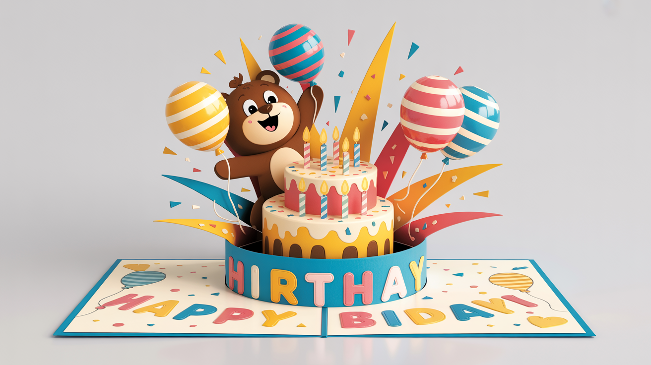 A vibrant 3D pop-up birthday card mockup showing a cartoon bear and a birthday cake bursting out, with 'Happy Birthday!' written inside, conveying a sense of animation and celebration.