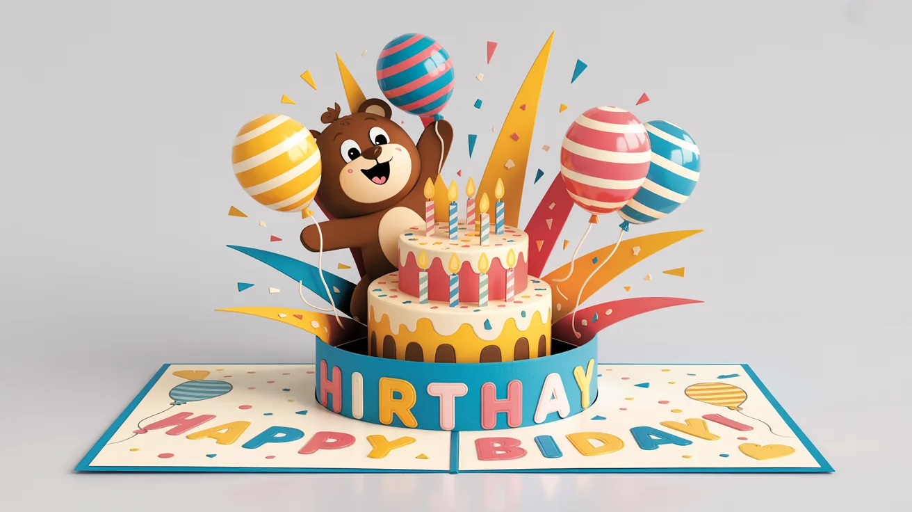 A vibrant 3D pop-up birthday card mockup showing a cartoon bear and a birthday cake bursting out, with 'Happy Birthday!' written inside, conveying a sense of animation and celebration.