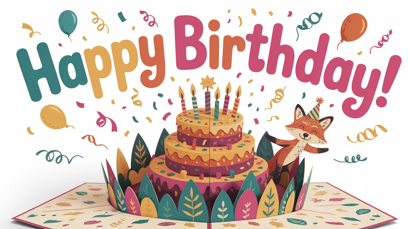 A vibrant 3D pop-up birthday card on a white background, with confetti and a cartoon animal popping out. The card has 'Happy Birthday!' written on it.