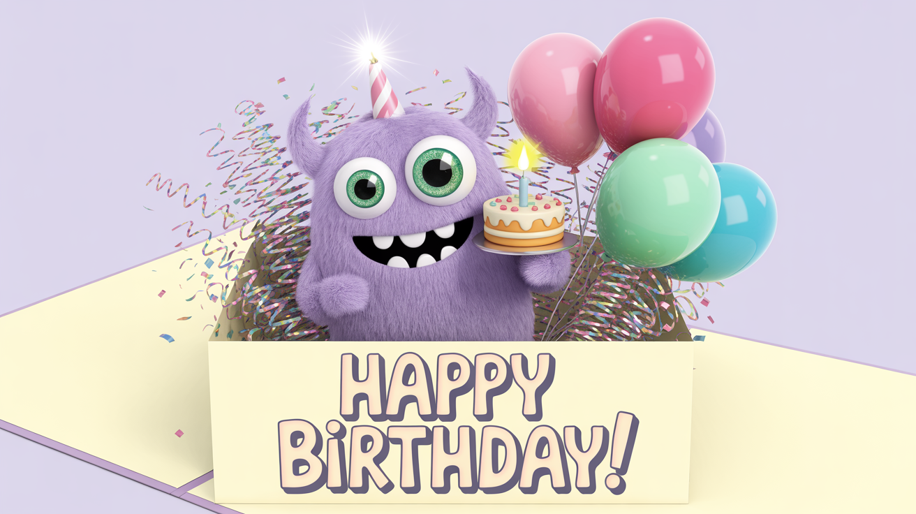 A vibrant 3D pop-up birthday card mockup showing a cute cartoon monster, a cake, and confetti bursting out from the center against a plain white background. The words 'Happy Birthday!' are visible inside the card.
