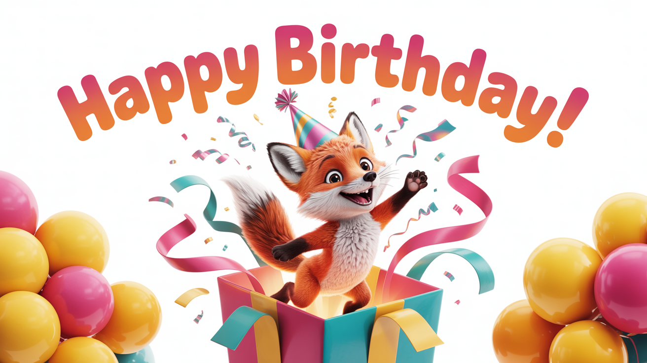 A digital illustration of an animated birthday card, showing a happy cartoon fox leaping from a gift box amidst a shower of confetti and balloons, with 'Happy Birthday!' written above.