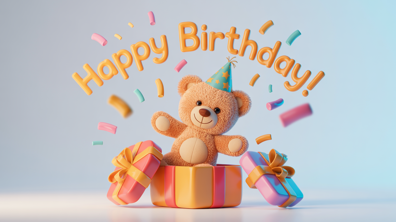 A 3D animated mockup for a birthday card, showing a cute teddy bear with a party hat popping out of a gift box amidst a burst of confetti. The words 'Happy Birthday!' are written above.