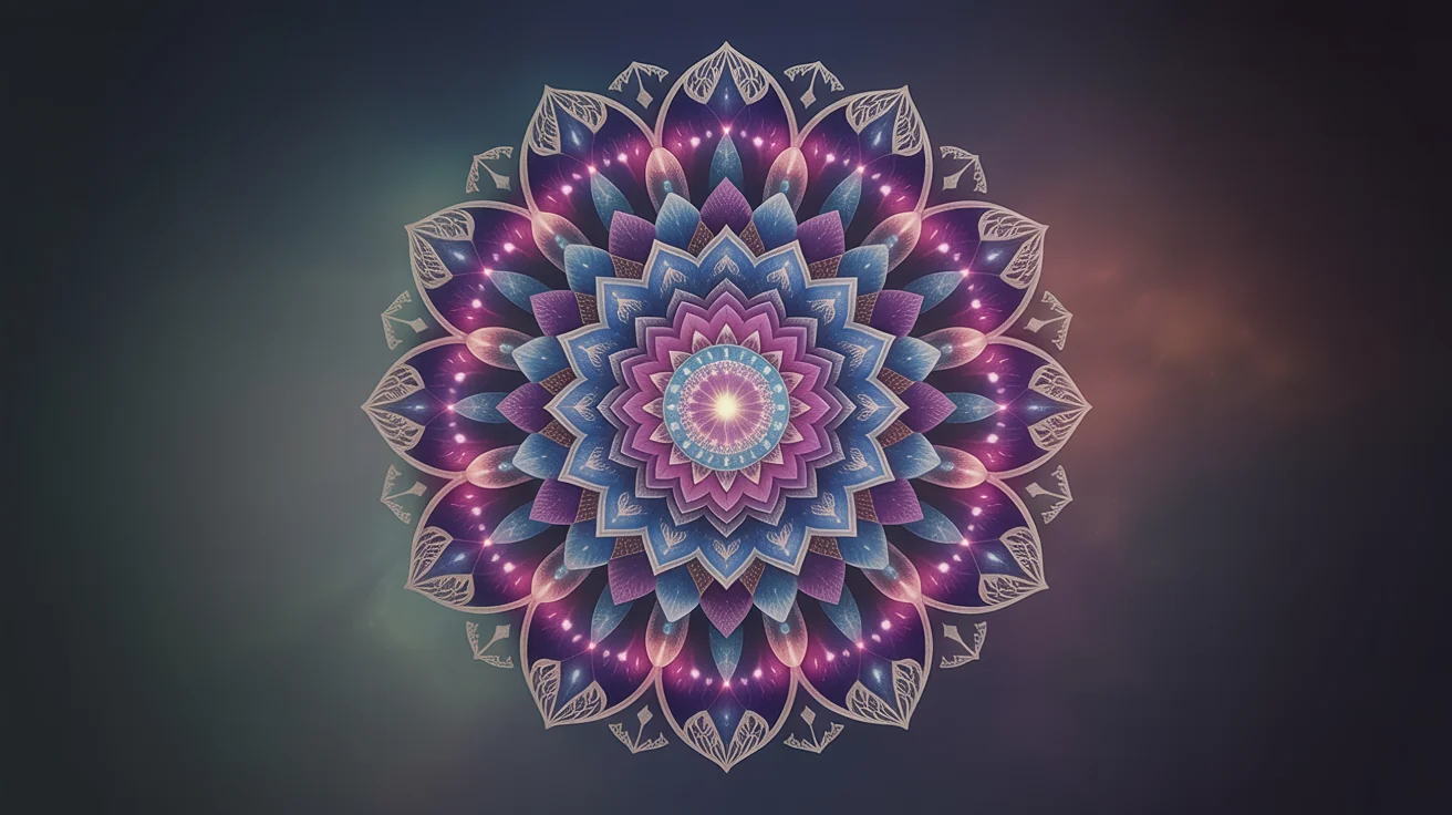 A close-up of a highly detailed and perfectly symmetrical digital mandala with intricate patterns in blue, purple, magenta, and gold, glowing at its center against a dark background.