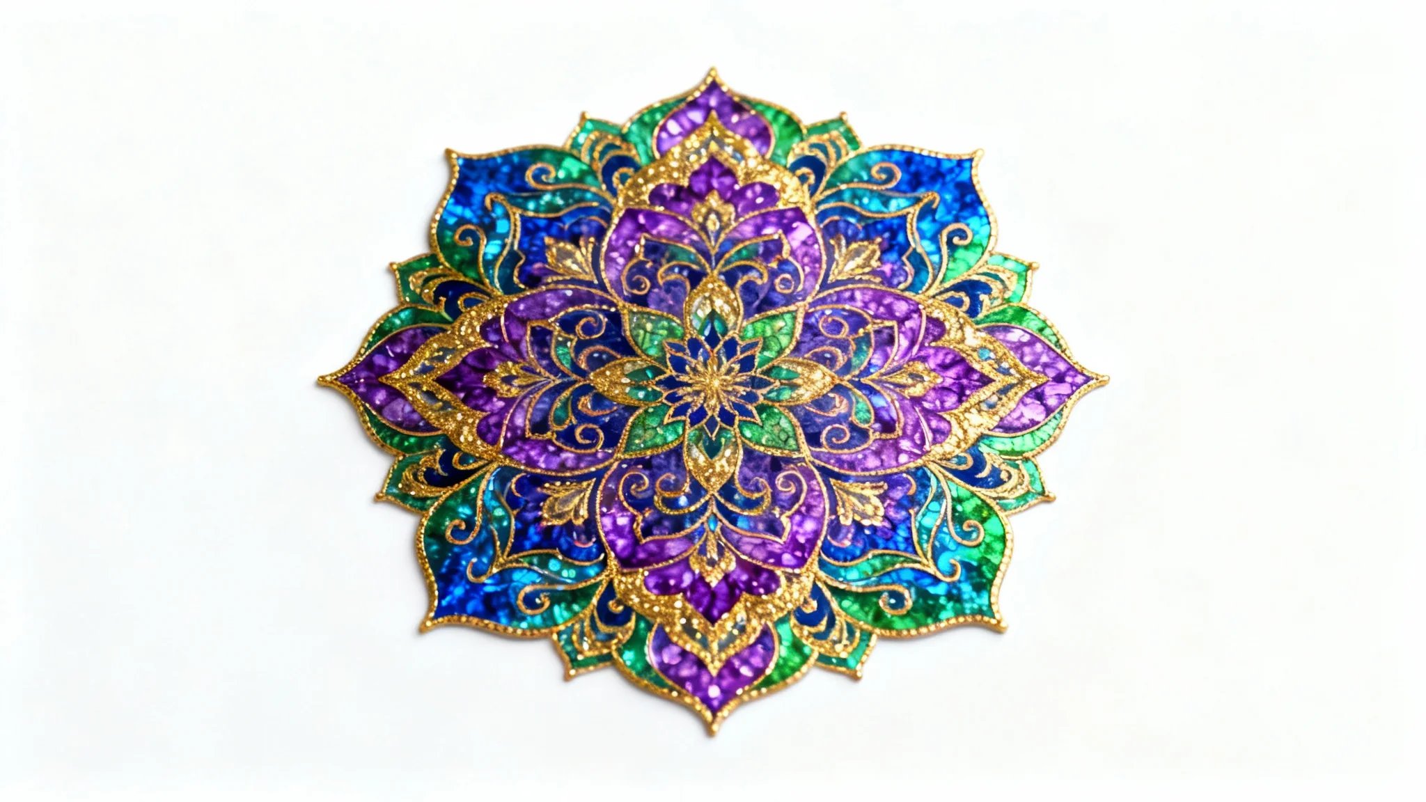 A highly detailed and symmetrical mandala with intricate geometric and floral patterns in vibrant jewel tones of blue, green, and purple with gold accents, set against a plain white background.