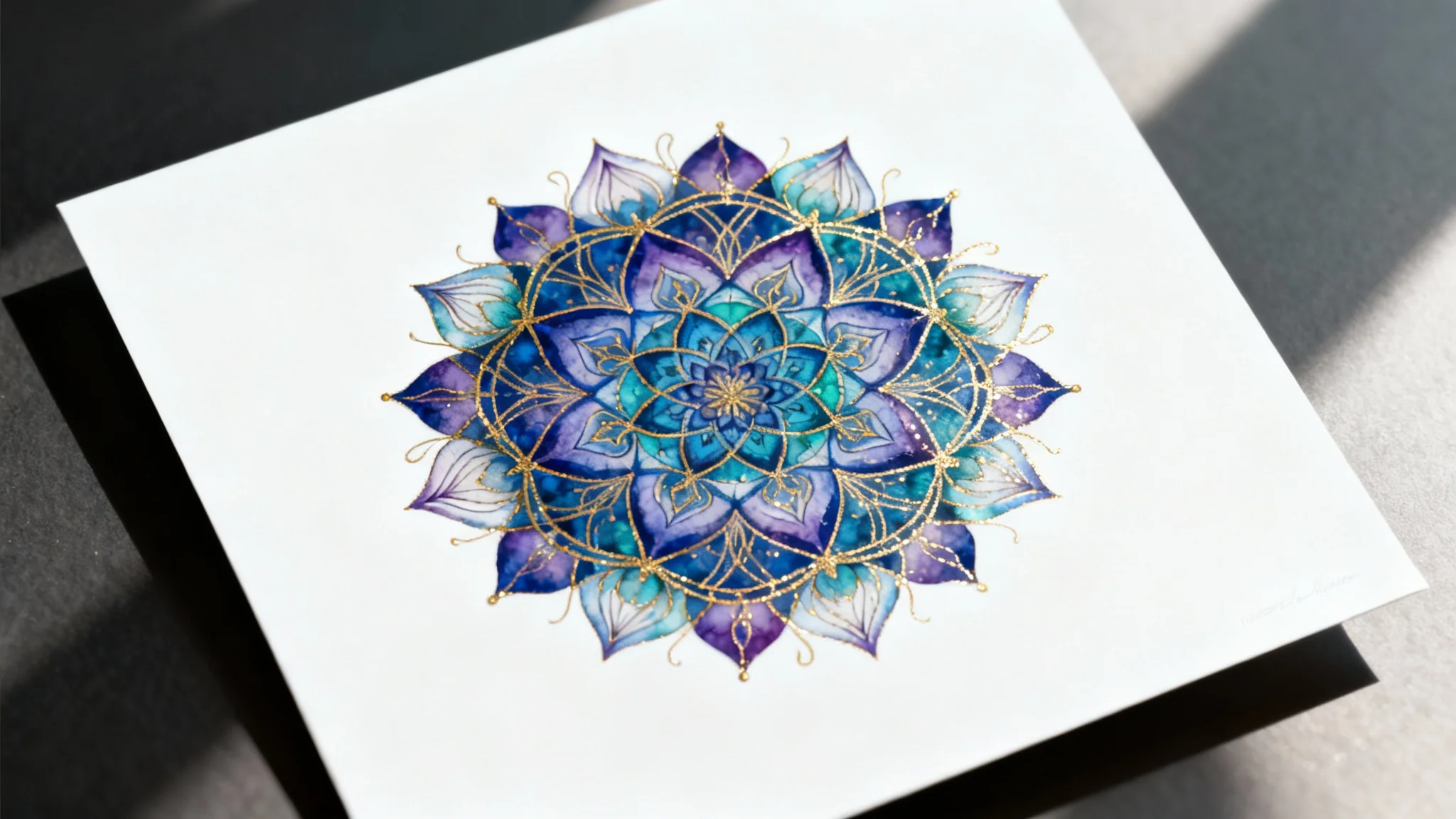 A detailed, symmetrical mandala with intricate geometric patterns in shades of blue, purple, and teal with gold highlights, presented on a clean white background.