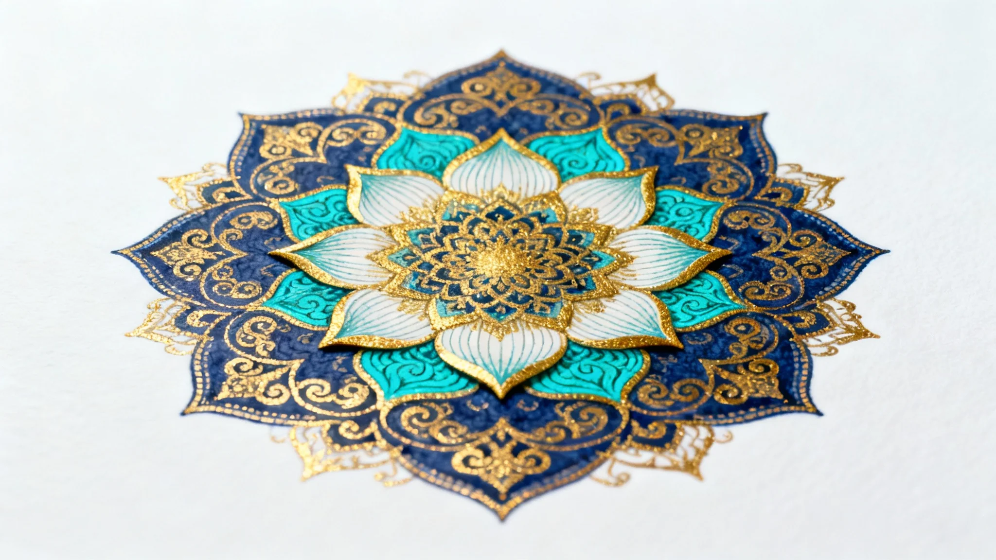 A vibrant and intricate mandala with geometric and floral patterns in gold, indigo, and turquoise, displayed centrally against a stark white background.