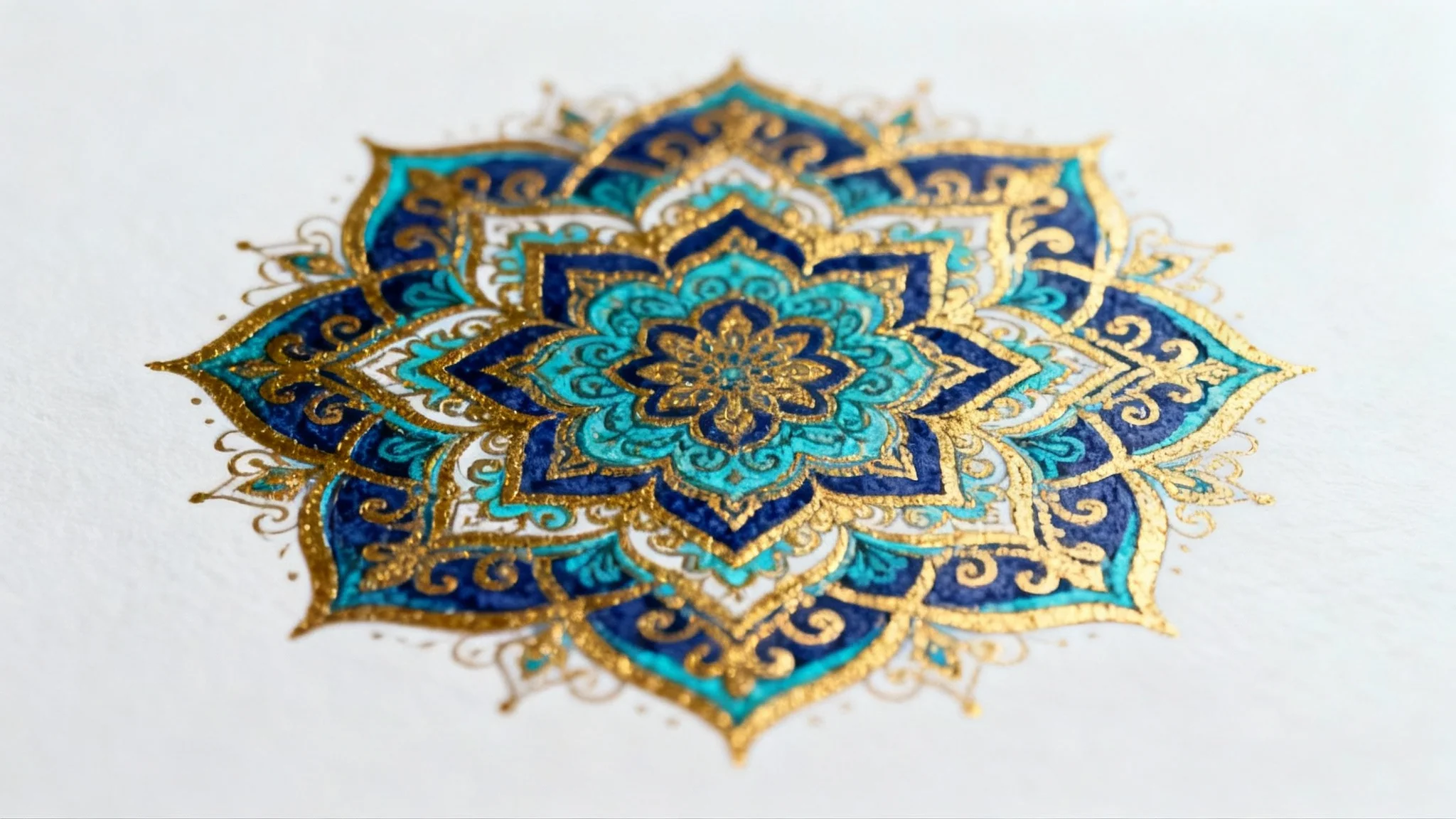 A close-up of a highly detailed and symmetrical mandala featuring intricate geometric and floral patterns in gold, indigo, and turquoise, set against a plain white background.