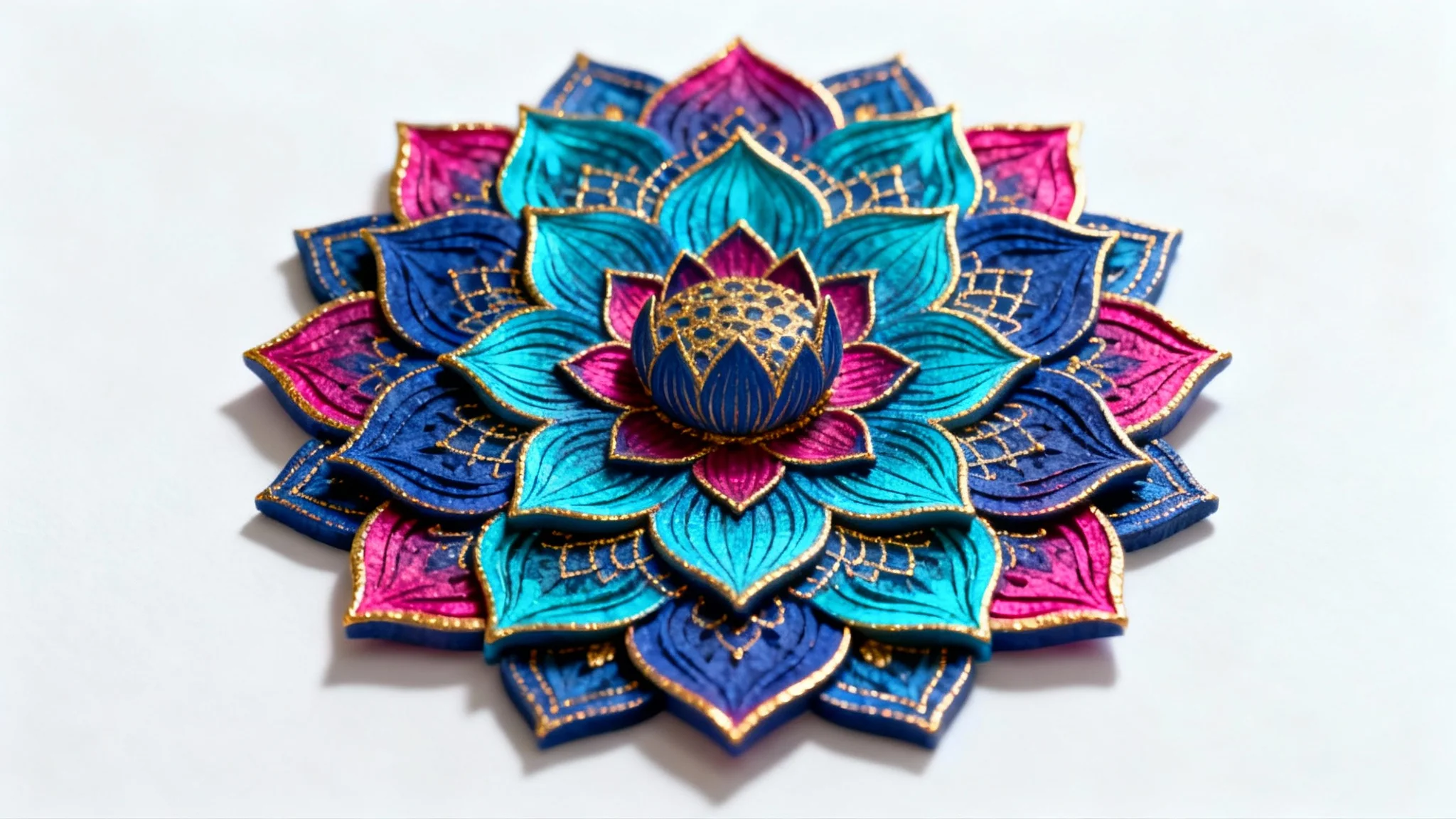 An intricately detailed and colorful mandala with geometric and floral patterns, displayed centrally on a clean white background.