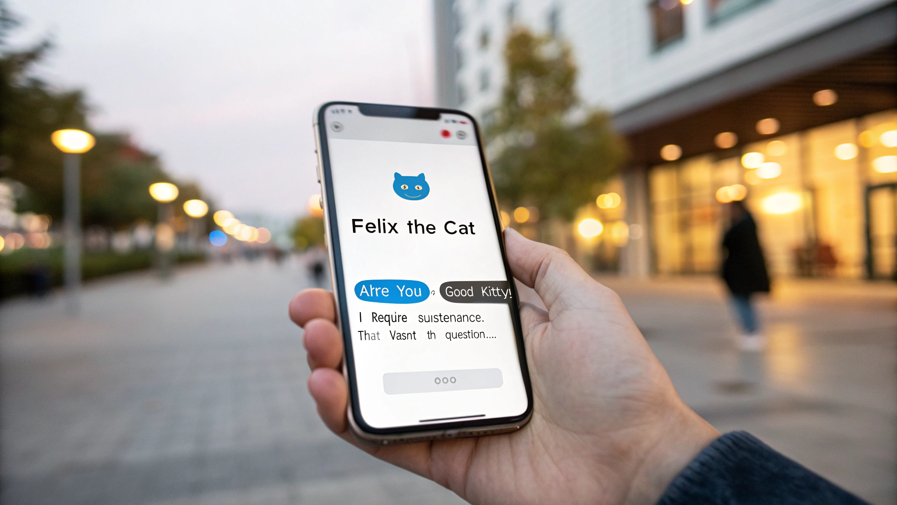 A realistic image of a smartphone displaying a fake chat conversation between a person and their cat, created with a fake chat generator tool.