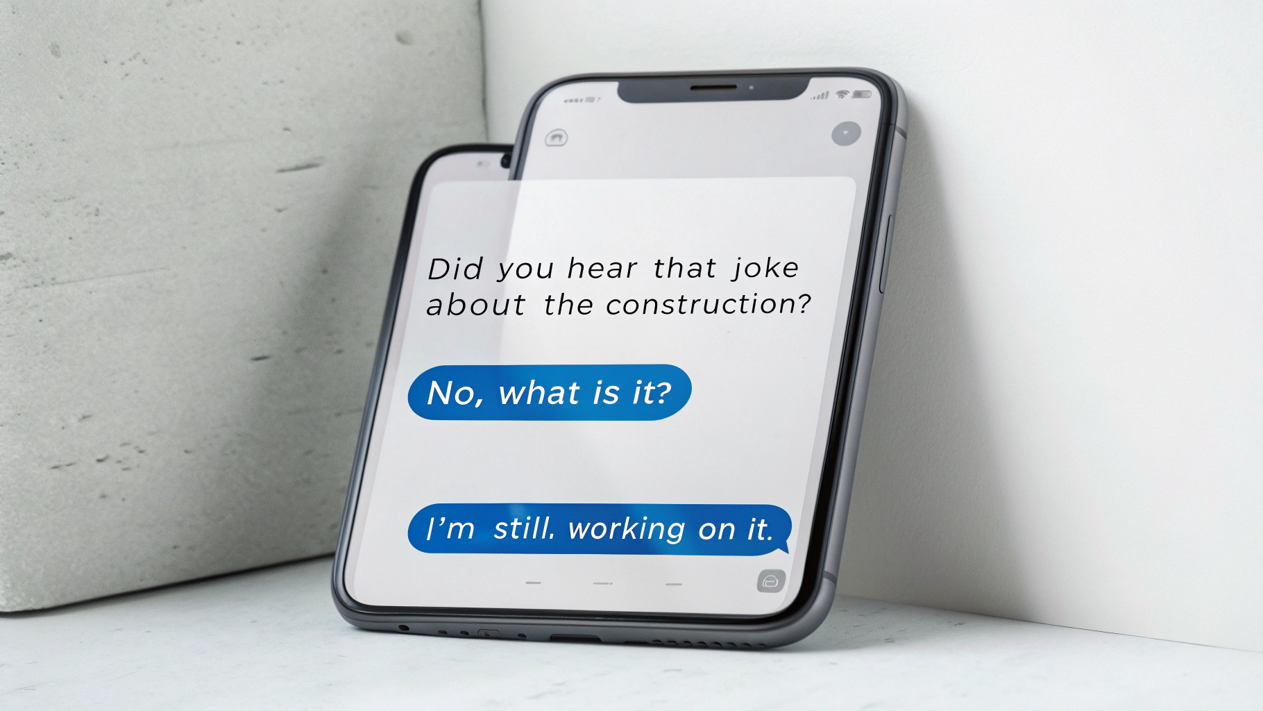 A smartphone on a white background showing a funny fake chat conversation on its screen as a mockup.