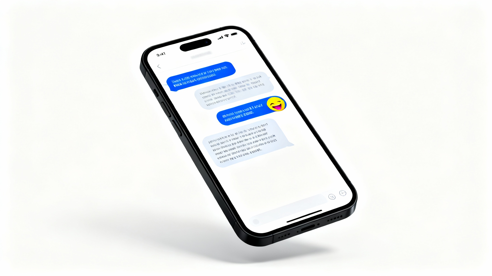 A modern smartphone displaying a fake chat conversation with blue and grey message bubbles, set against a clean white background.