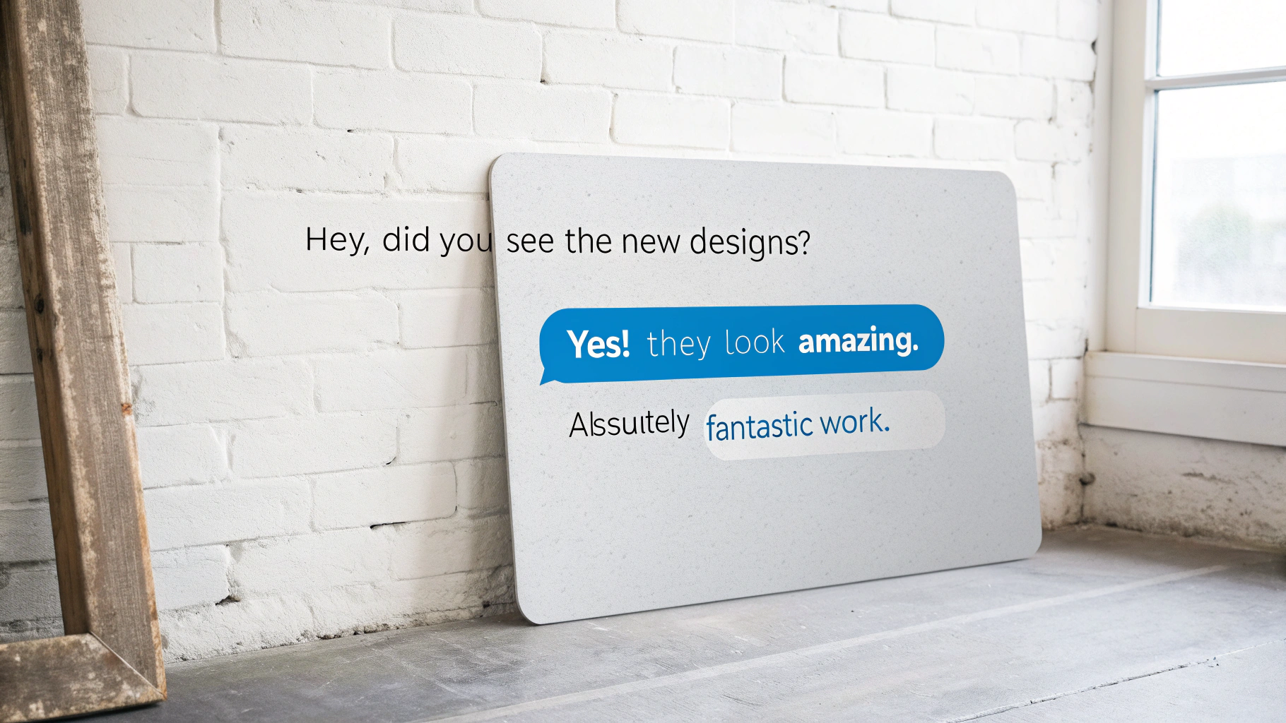 A mockup of a fake chat conversation with blue and gray message bubbles on a white background, showing a positive exchange about new designs.