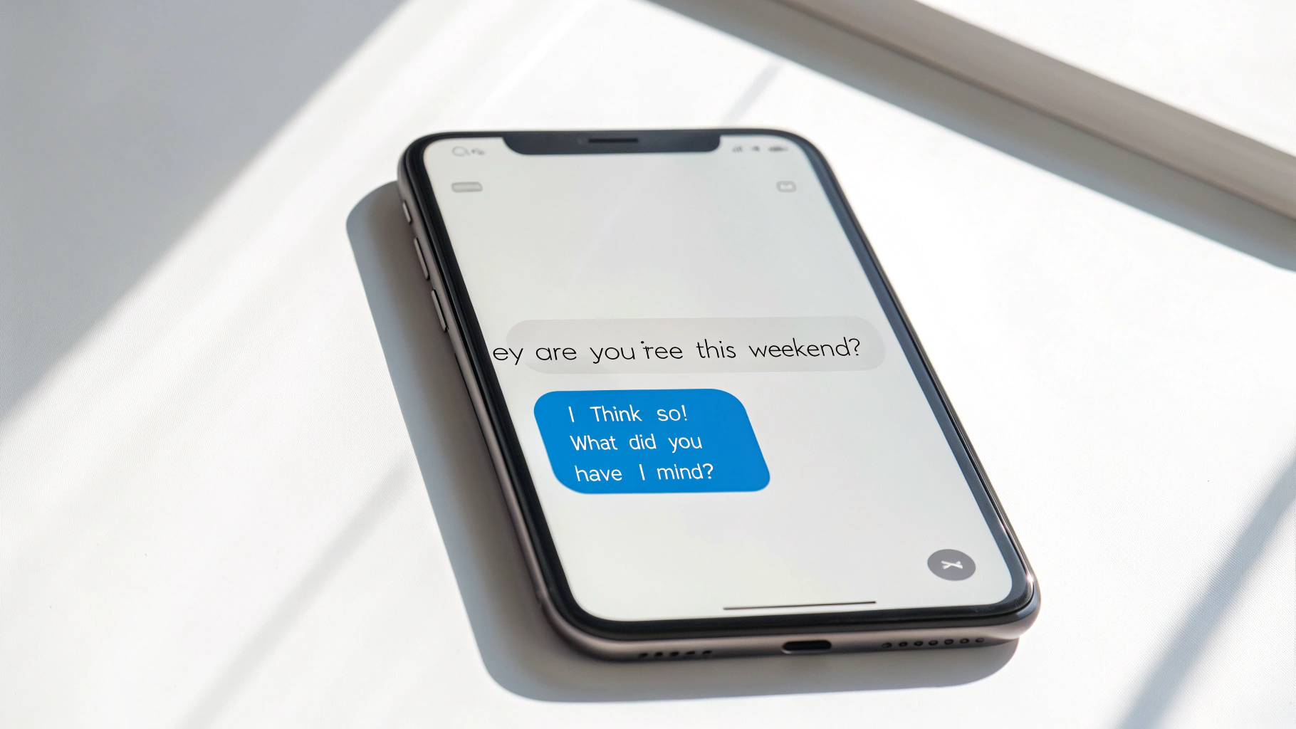 A close-up of a smartphone screen showing a generic fake chat conversation with blue and grey message bubbles, set against a plain white background.