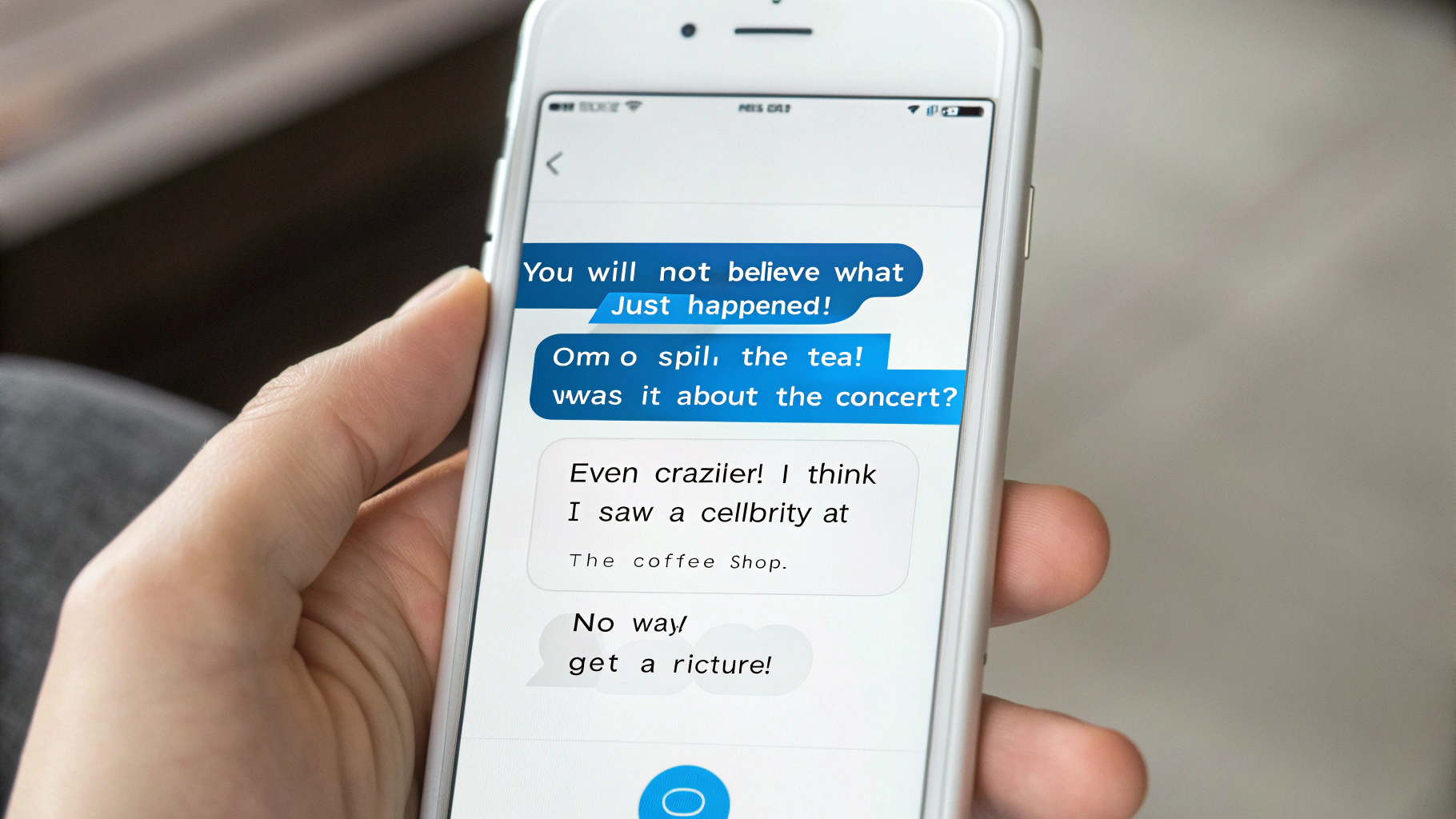 A close-up image of a smartphone screen displaying a fabricated chat conversation between two people against a clean white background, demonstrating a fake chat creation tool.