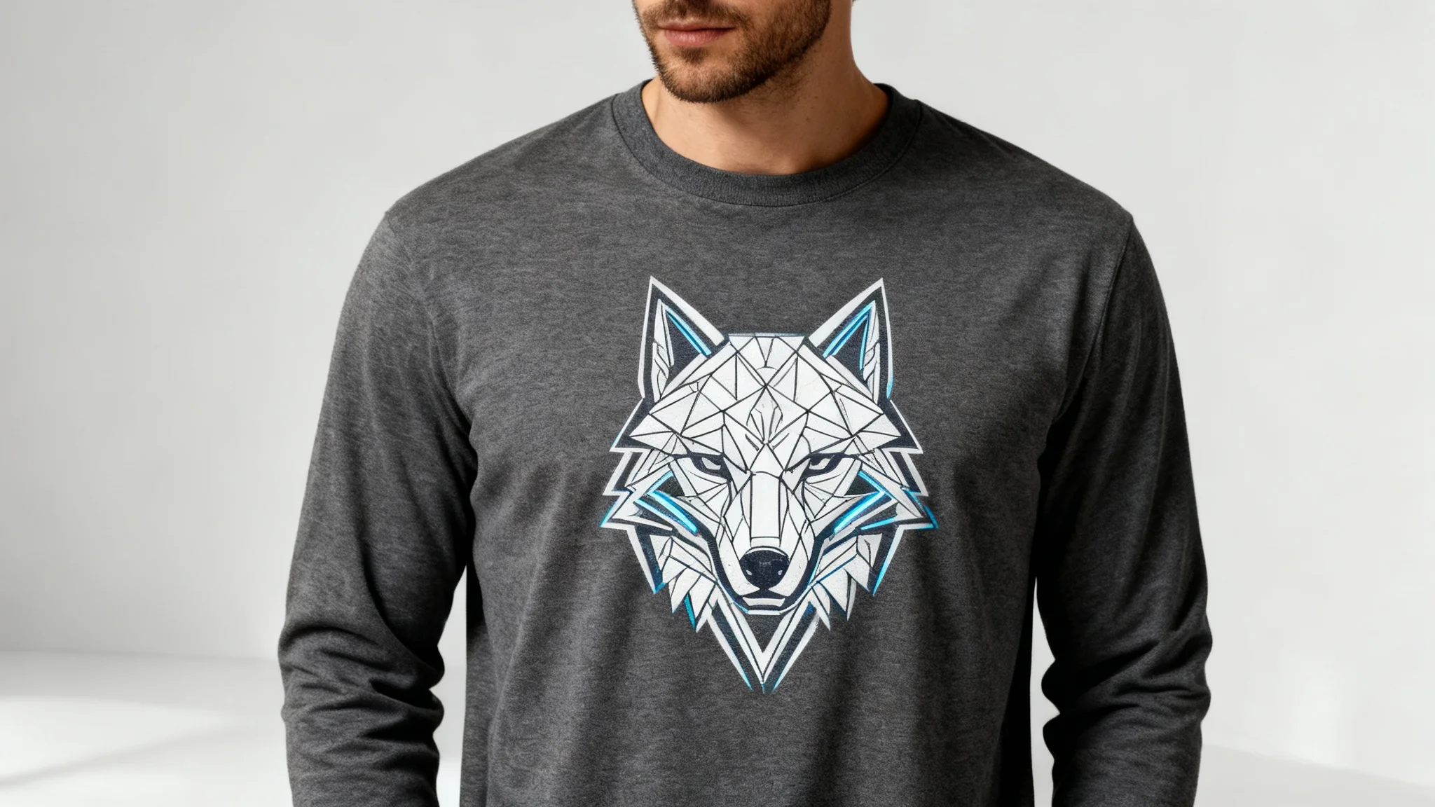 A photorealistic mockup of a man wearing a charcoal gray long sleeve shirt with a detailed graphic of a geometric wolf head on the front, set against a clean studio background.