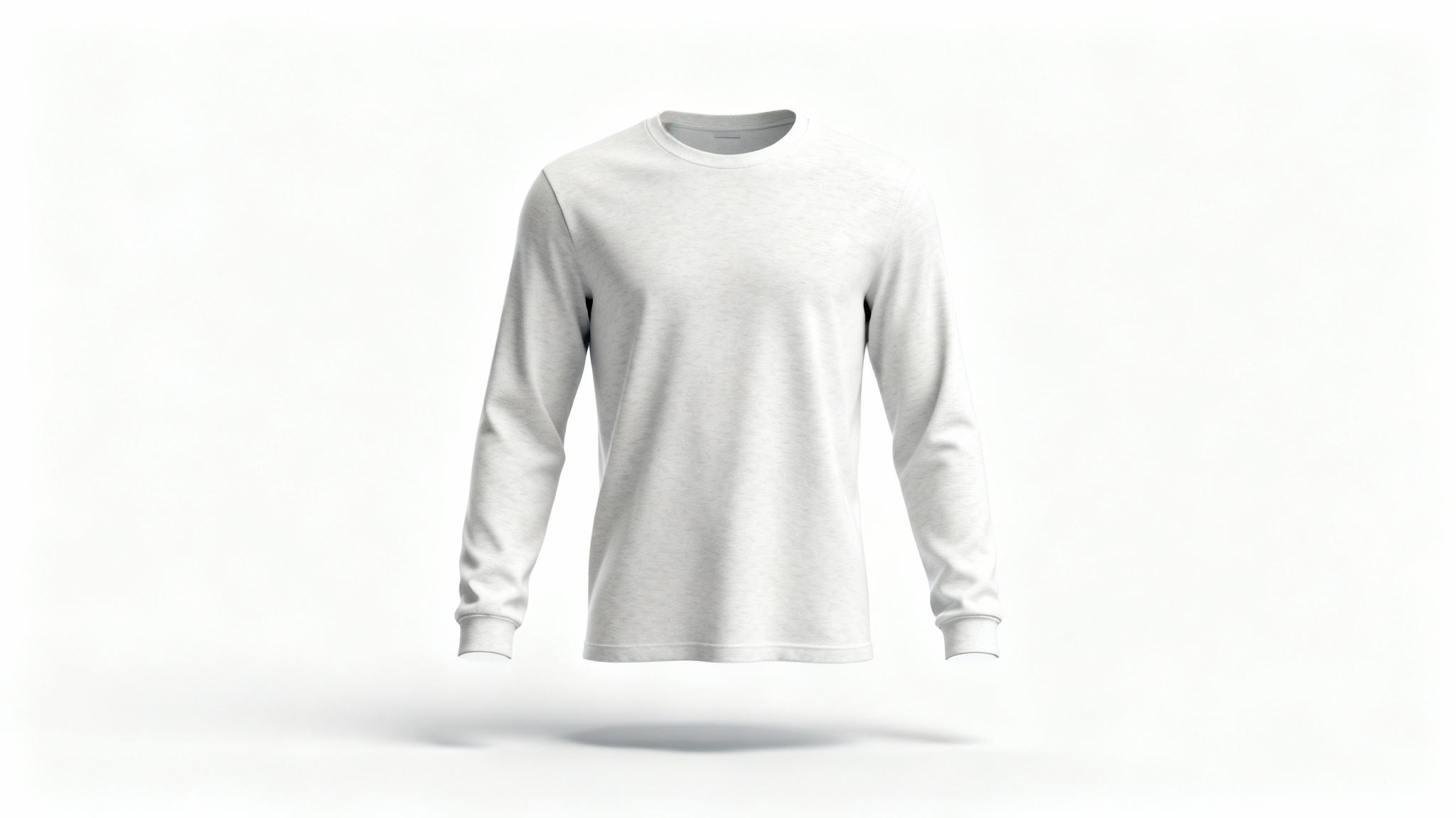 A photorealistic mockup of a blank, heather grey long-sleeve t-shirt on a ghost mannequin against a clean white background, ready for a custom design.