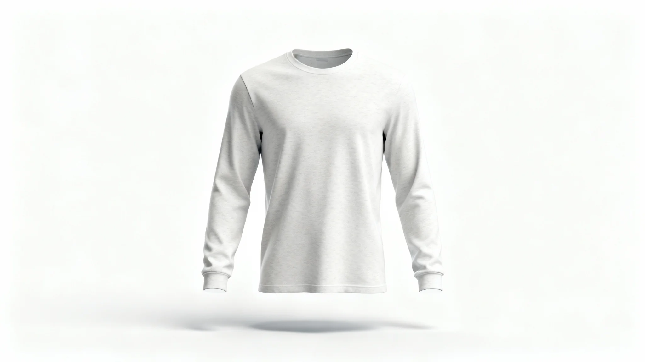 A photorealistic mockup of a blank, heather grey long-sleeve t-shirt on a ghost mannequin against a clean white background, ready for a custom design.