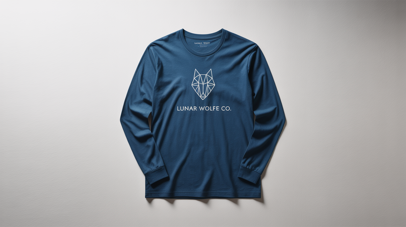 A photorealistic mockup of a navy blue long sleeve t-shirt laid flat on a white background, featuring a white geometric wolf head logo and the text 'LUNAR WOLFE CO.' on the chest.