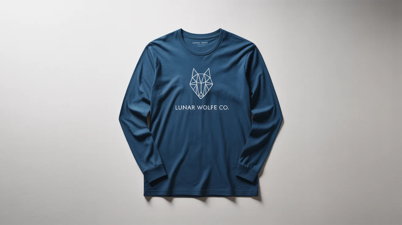 A photorealistic mockup of a navy blue long sleeve t-shirt laid flat on a white background, featuring a white geometric wolf head logo and the text 'LUNAR WOLFE CO.' on the chest.