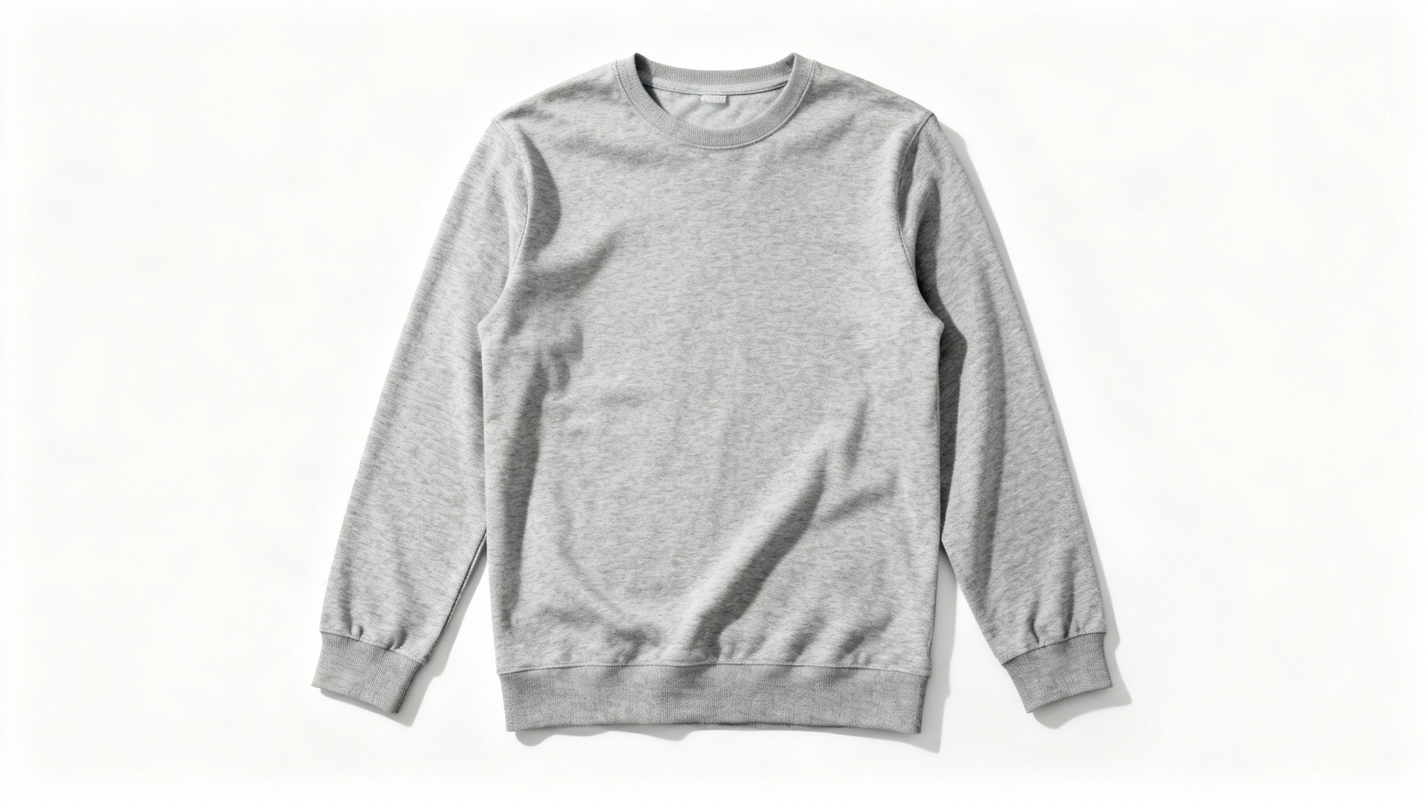 A photorealistic mockup of a heather grey long sleeve shirt laid flat on a clean white background, viewed from directly above.