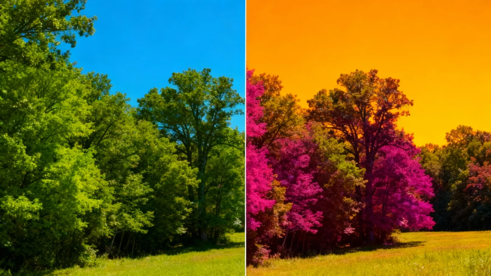 A before-and-after comparison of a photo being turned into a negative. The left side shows a colorful landscape, and the right side shows the same image with inverted colors, creating a surreal, artistic effect.